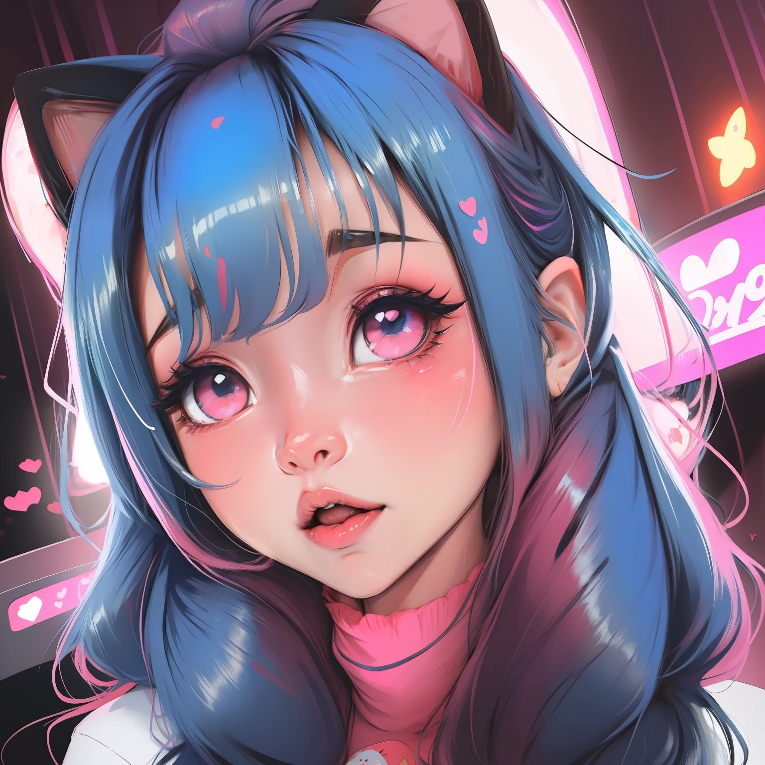 menina bonito estilo anime, Olhos cor-de-rosa brilhantes, chiclete na boca, rosa neon vibrante, orelhas de gato no cabelo e pontas cor-de-rosa, Hearts in neon detail. Incrivelmente bonito e bonito estilo de desenho animado digital.