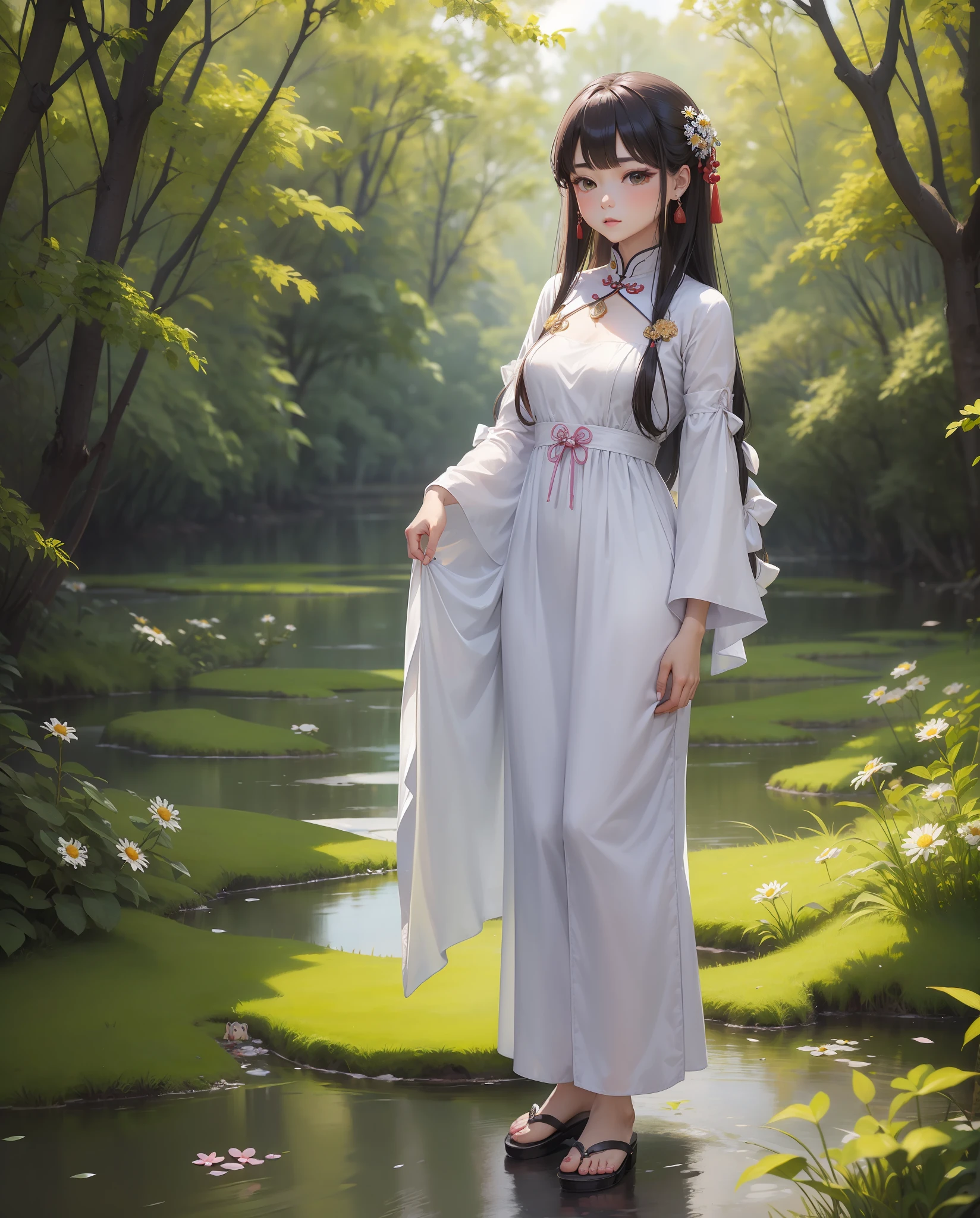 Berry, Female, chinese style hair with daisies, wearing long sleeved flowing dress with chinese slippers, jewelry is cross necklace and bow earrings , color palate is white gold and green, standing on a patch of grass in a swamp, masterpiece, best quality