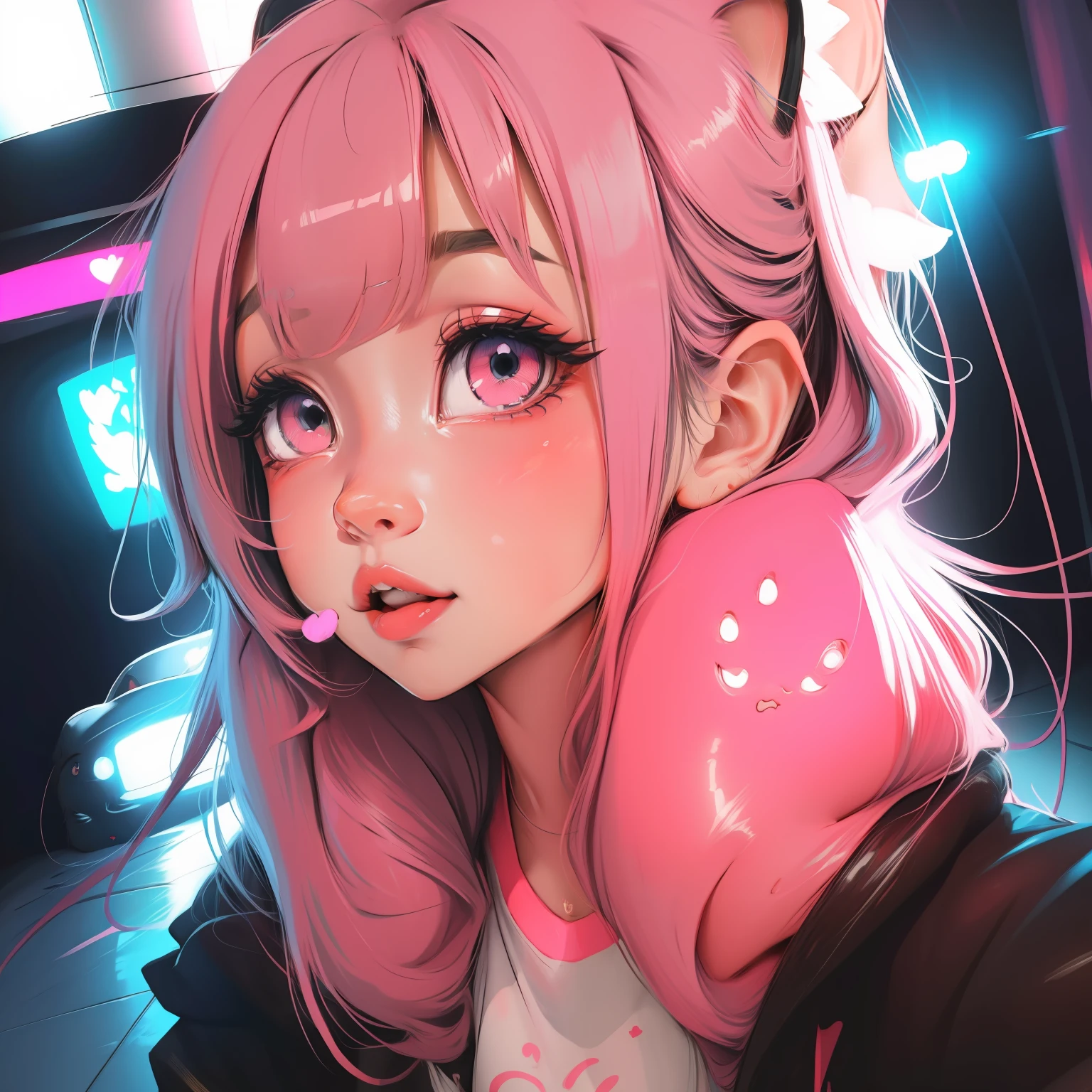 ****** bonito estilo anime, Olhos cor-de-rosa brilhantes, chiclete na boca, rosa neon vibrante, orelhas de gato no cabelo e pontas cor-de-rosa, Hearts in neon detail. Incrivelmente bonito e bonito estilo de desenho animado digital.