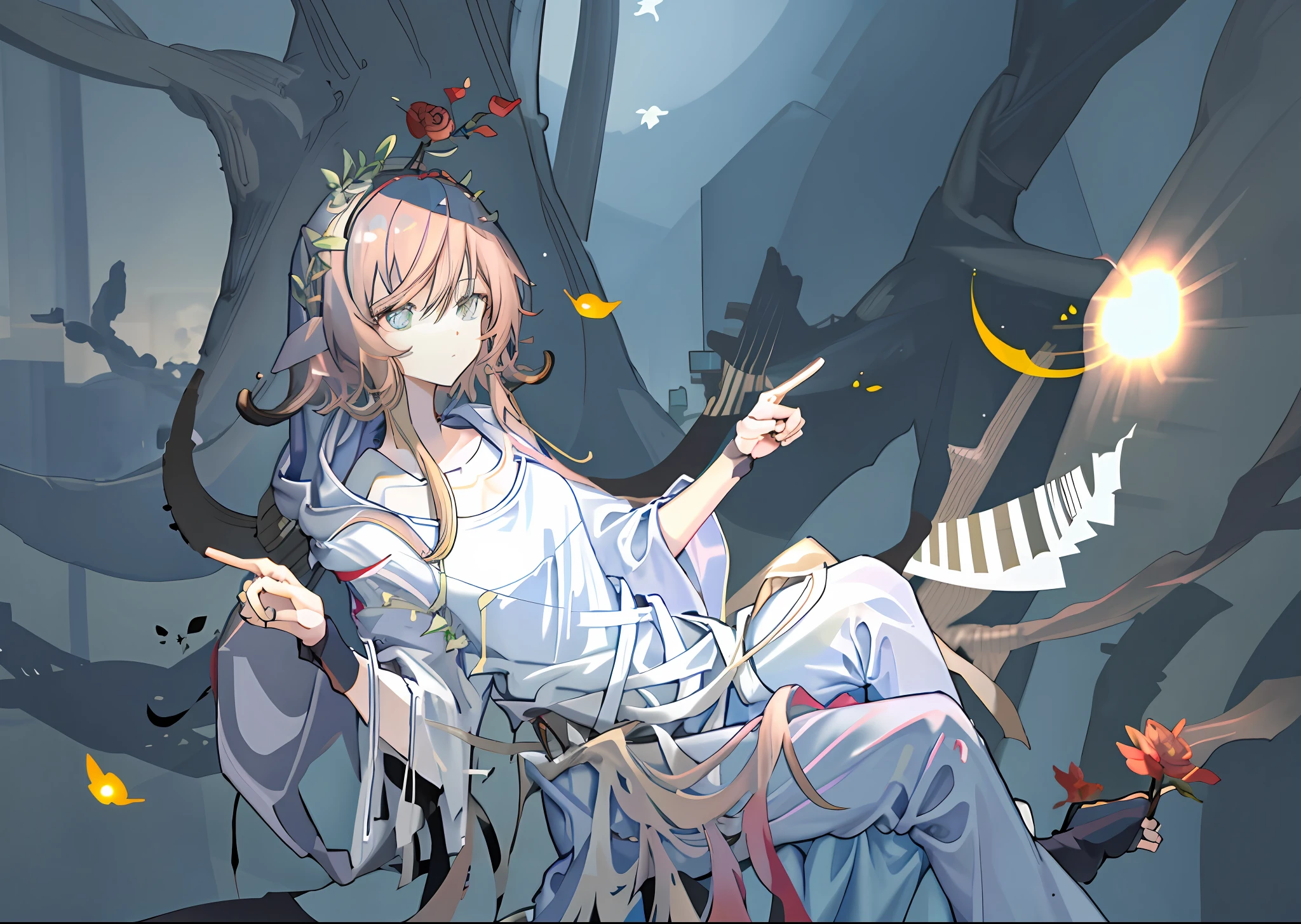 tmasterpiece,Best quality at best,(非常详细的 CG 统一 8k 壁纸),(Best quality at best),(The best illustrations),(The best shadow),glowing sprites,There is a glowing deer,Drink water in the pool,Natural elements in the forest theme。Mysterious Forest,Beautiful forest,great outdoors,Surrounded by flowers,Delicate leaves and branches are surrounded by fireflies(nature elements),(Jungle theme),(Foliage),(tree branch),(glowworm),(Particle effect)and other 3D, Octane rendering,Ray traching,Super detailed anime girl sitting on the ground,There is a halo on the top of the head, Line sketch!!, clean anime outlines, anime sketch, Anime moe art style, Line sketch, flat anime style shading, sketchy artstyle, anime shading), thick line art, sketched, Casual pose, thick lineart, clean and meticulous anime style, linear art, with index finger, Line art!!