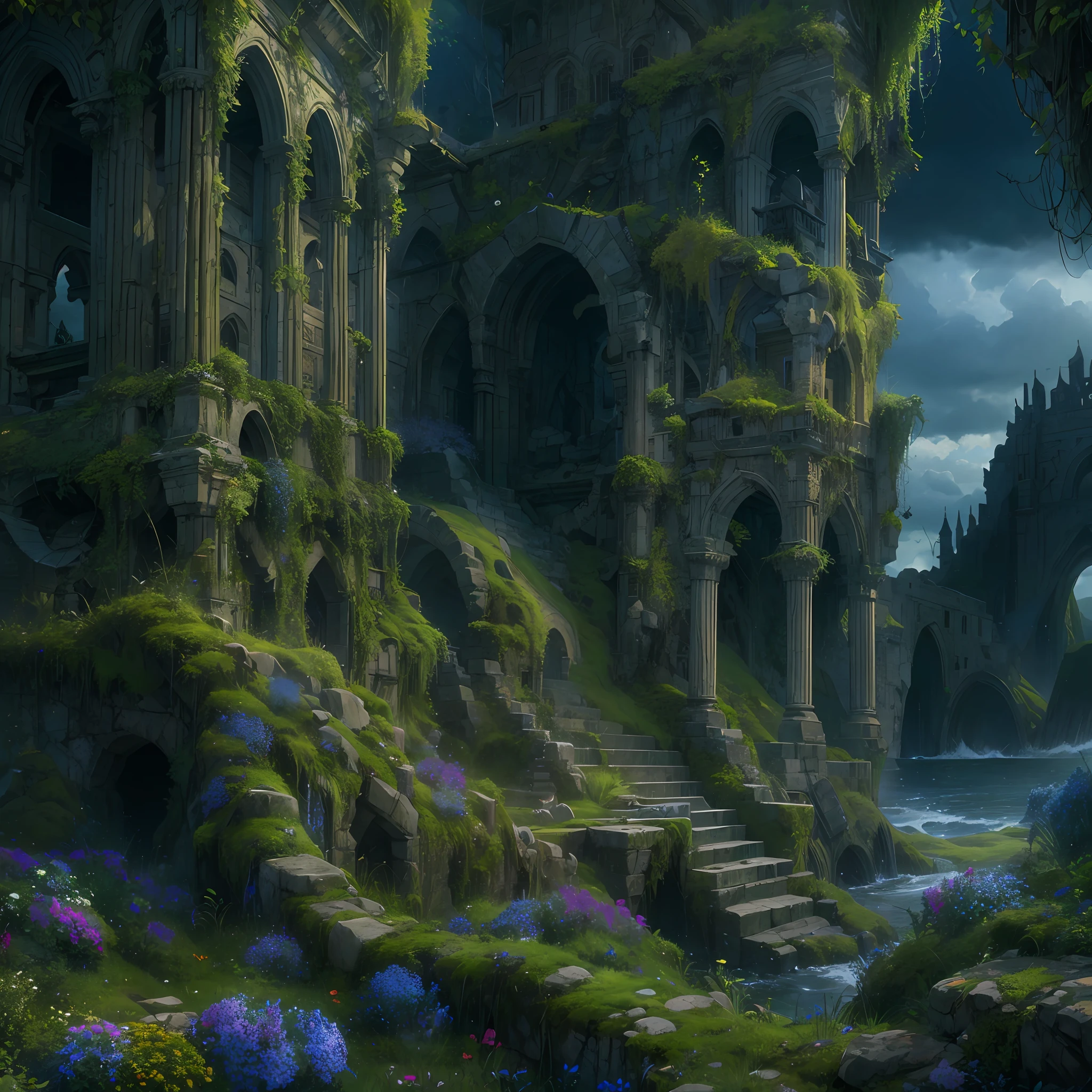 Beside a pumice isle in Baiae's bay, And saw in sleep old palaces and towers Quivering within the wave's intenser day, (All overgrown with azure moss:1.2) and flowers, dark fantasy and 100 years into the future style, extremely fine detail, epic high quality, insanely beautiful, fiber art, midnight, ornate, mystical fantasy, maelstrom and storm, dark paradise atmosphere, color contrast,