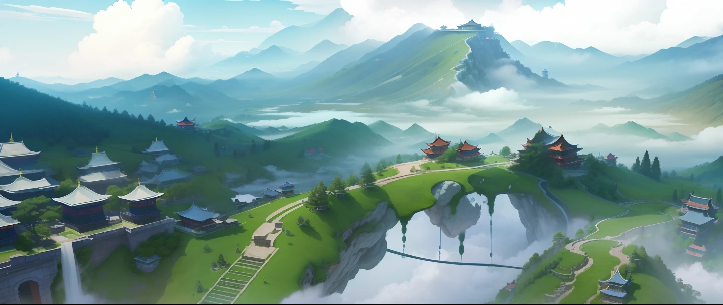 The game scene, the ancient Chinese palace is located above the clouds, surrounded by clouds and mist, majestic, glazed tiles, the big Buddha sitting on the sky, colorful, ((color ink)),(((splash ink)),((splash ink) ink) ink} ) ) , masterpiece, high quality, beautiful graphics, high detail --v 6