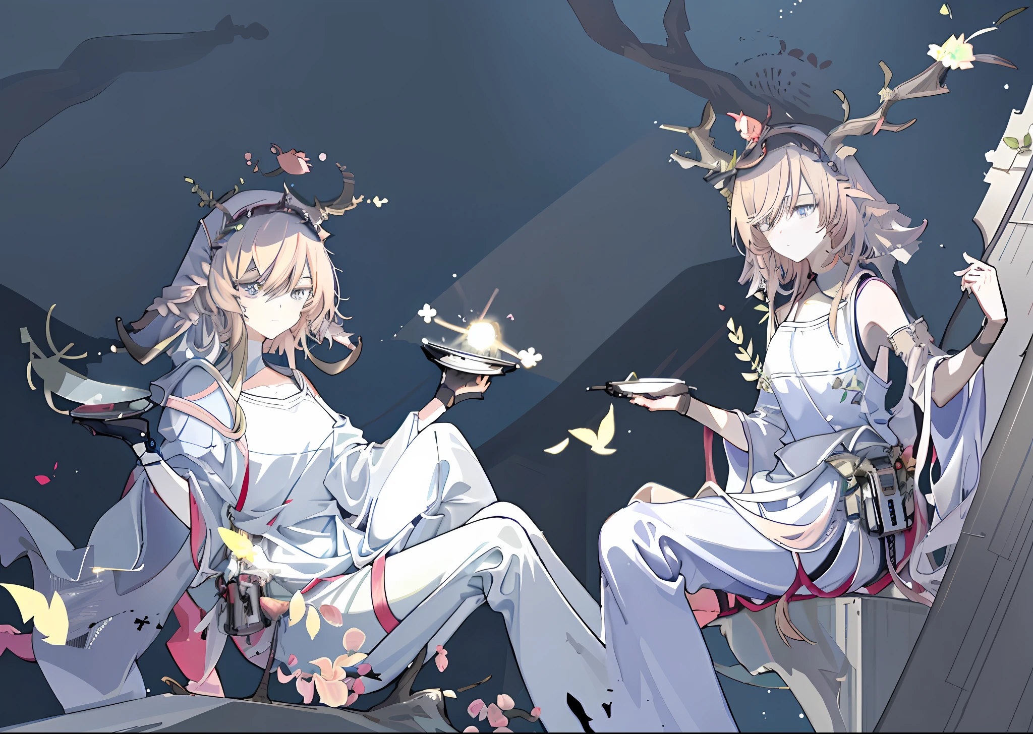 tmasterpiece,Best quality at best,(非常详细的 CG 统一 8k 壁纸),(Best quality at best),(The best illustrations),(The best shadow),glowing sprites,There is a glowing deer,Drink water in the pool,Natural elements in the forest theme。Mysterious Forest,Beautiful forest,great outdoors,Surrounded by flowers,Delicate leaves and branches are surrounded by fireflies(nature elements),(Jungle theme),(Foliage),(tree branch),(glowworm),(Particle effect)and other 3D, Octane rendering,Ray traching,Super detailed anime girl sitting on the ground,There is a halo on the top of the head, Line sketch!!, clean anime outlines, anime sketch, Anime moe art style, Line sketch, flat anime style shading, sketchy artstyle, anime shading), thick line art, sketched, Casual pose, thick lineart, clean and meticulous anime style, linear art, with index finger, Line art!!
