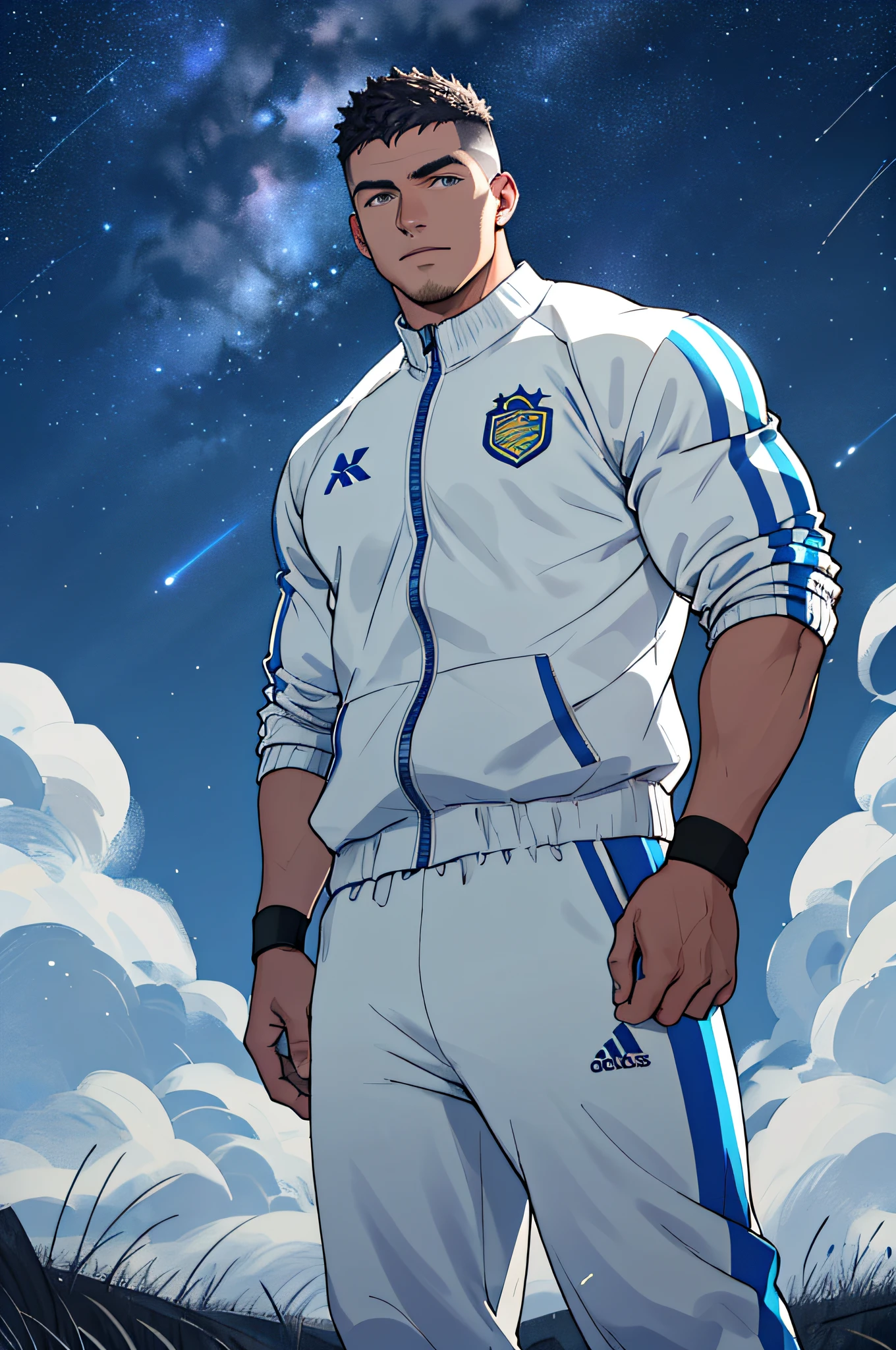 Draw a full-fledged footballer,Standing on the steppe at night,He was wearing a tracksuit,The man looks confident and determined,looking-down,Crew cut,full bodyesbian,Stars dot the sky,shooting from below,Big moon highlights background