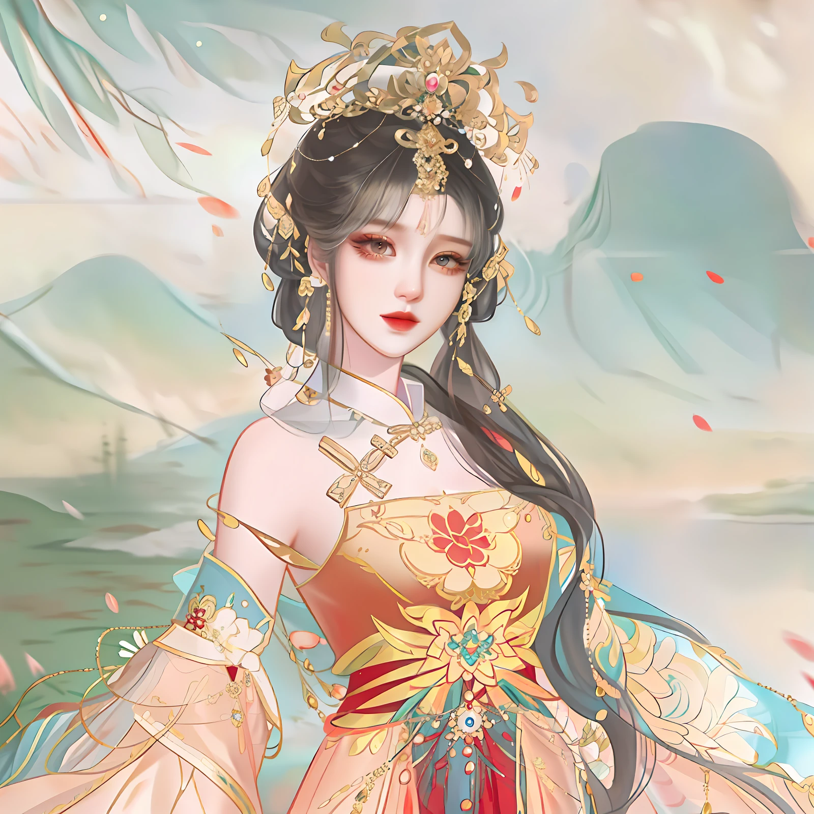oriental girl,Works of masters,It is engaging and beautifully composed,Her figure is curvy,Enough to be a masterpiece。The painting is undoubtedly super detailed,Her figure is curvy,Best picture quality,Higher quality,high detal, 超高分辨率, 8K分辨率, depth of fields, cinematic photogtaphy, intricately details, carefully, meticuloso, glorious, max detail, extreme beautiful, (((1girll, 独奏))), A picture, tmasterpiece, (Best picture quality), Higher quality, high detal, 超高分辨率, in a panoramic view, Exquisite facial features, s the perfect face,Detailed digital anime art,There was a woman in a dress, a beautiful fantasy empress, ((a beautiful fantasy empress)), Princesa chinesa antiga, Inspired by Lan Ying, Palace , A girl in Hanfu, Fantasy art style, Inspired by Qiu Ying, inspired by Li Mei-shu, China Princess, ancient asian dynasty princess, queen of the sea mu yanling