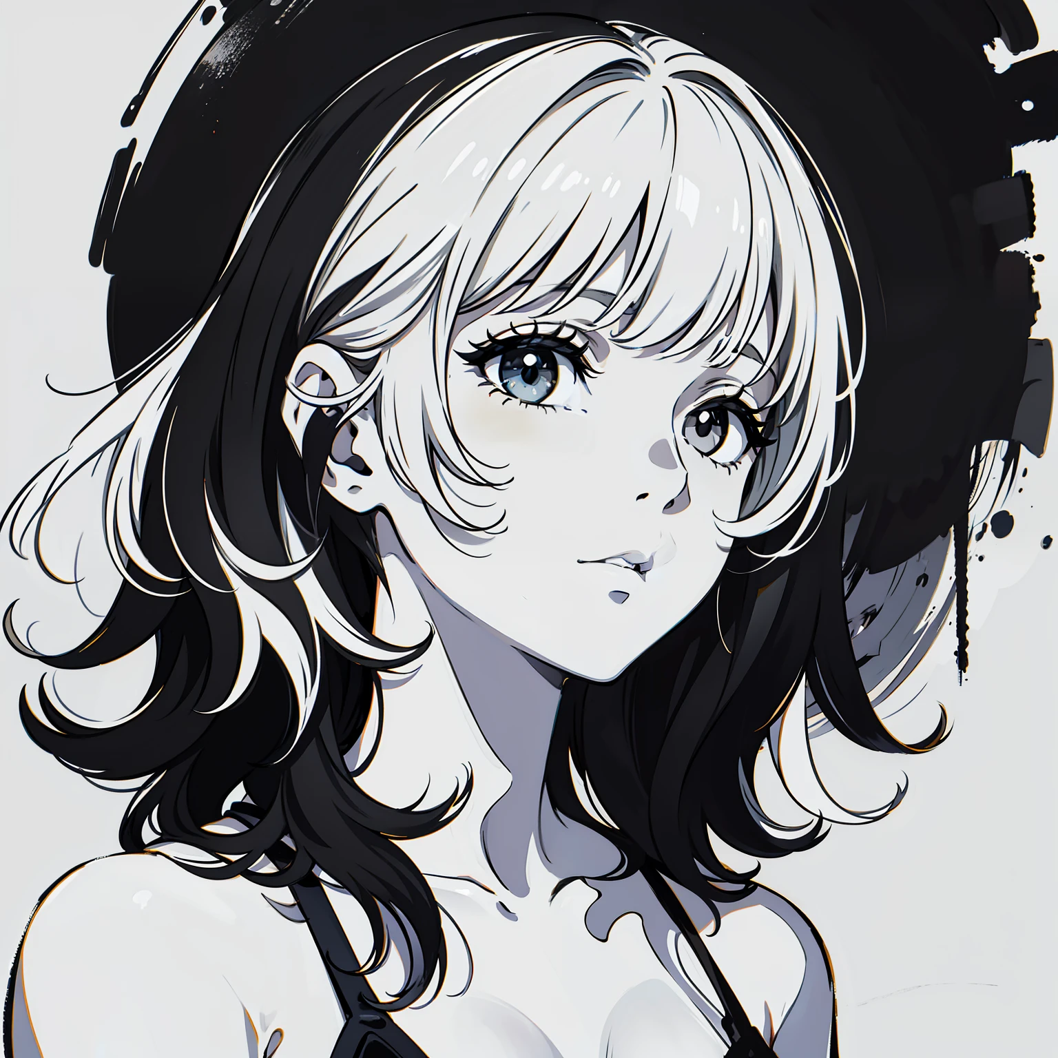 Nonchalant expression, black and white, disheveled fringe, medium messy hair, alluring look, black and white,Black and white painting,White background,Side Face