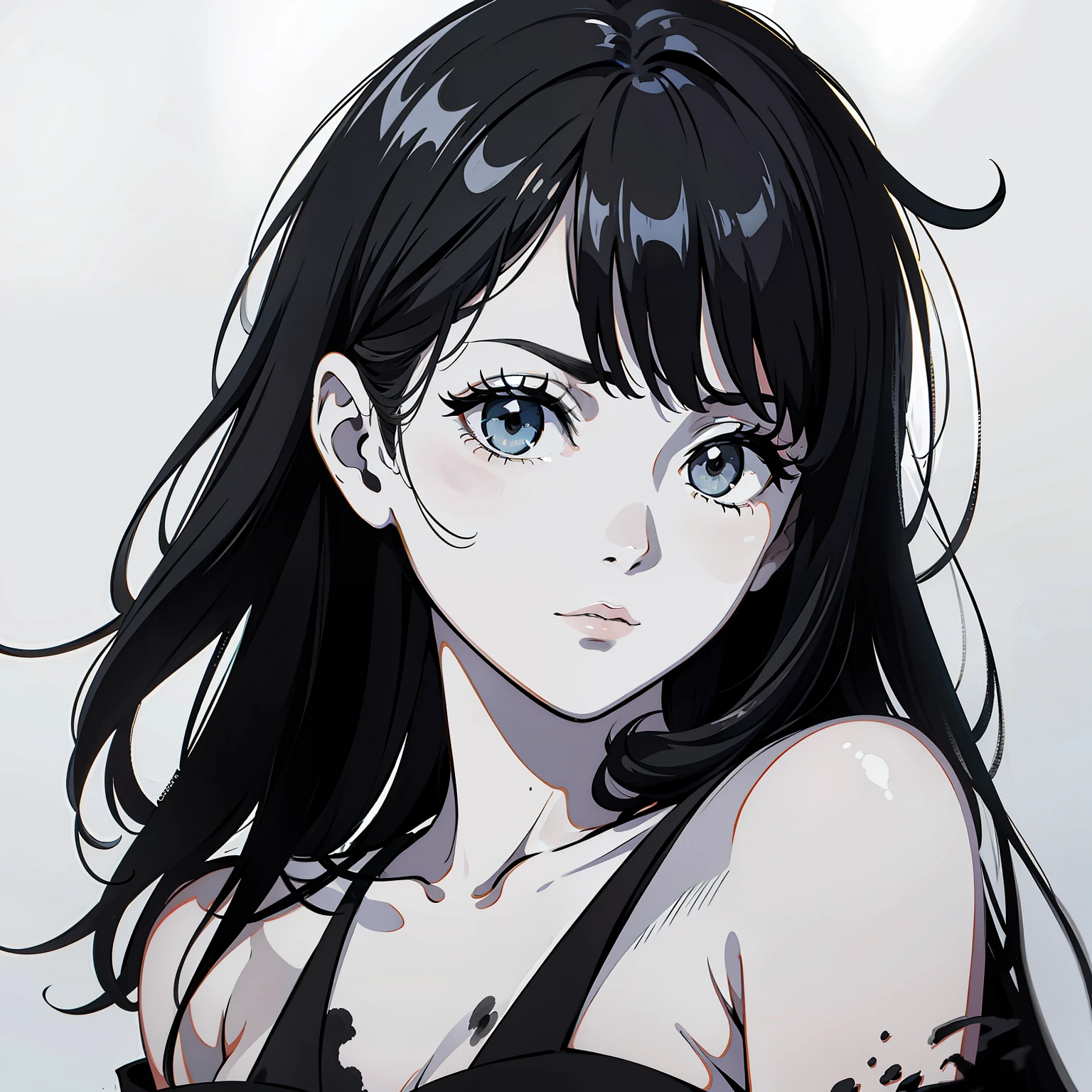 Nonchalant expression, black and white, disheveled fringe, medium messy hair, alluring look, black and white,Black and white painting,White background,Side Face