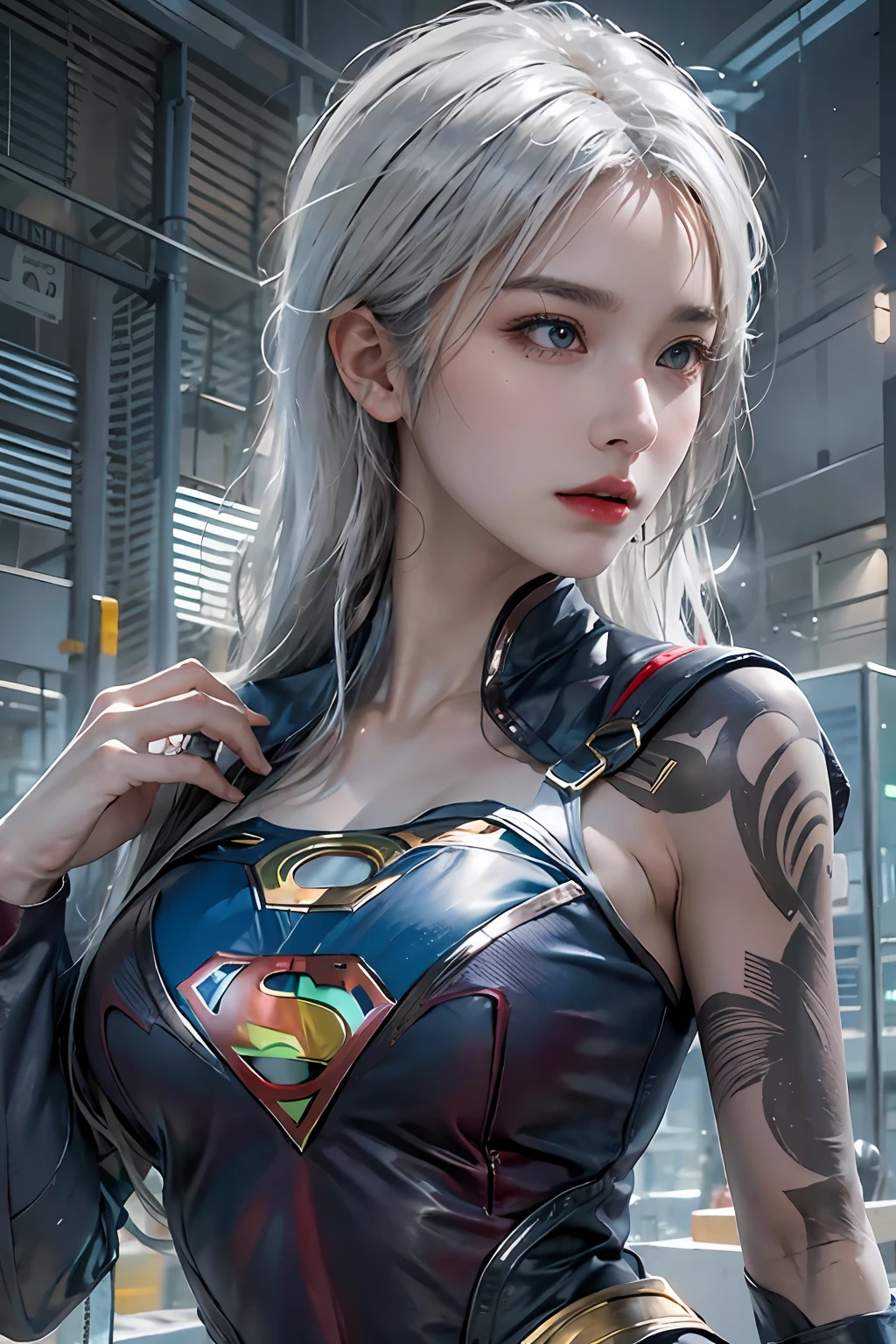 photorealistic, high resolution, 1women, solo, hips up, look at viewer, (detailed face), white hair, supergirl blue costume, tattoo, jewelry