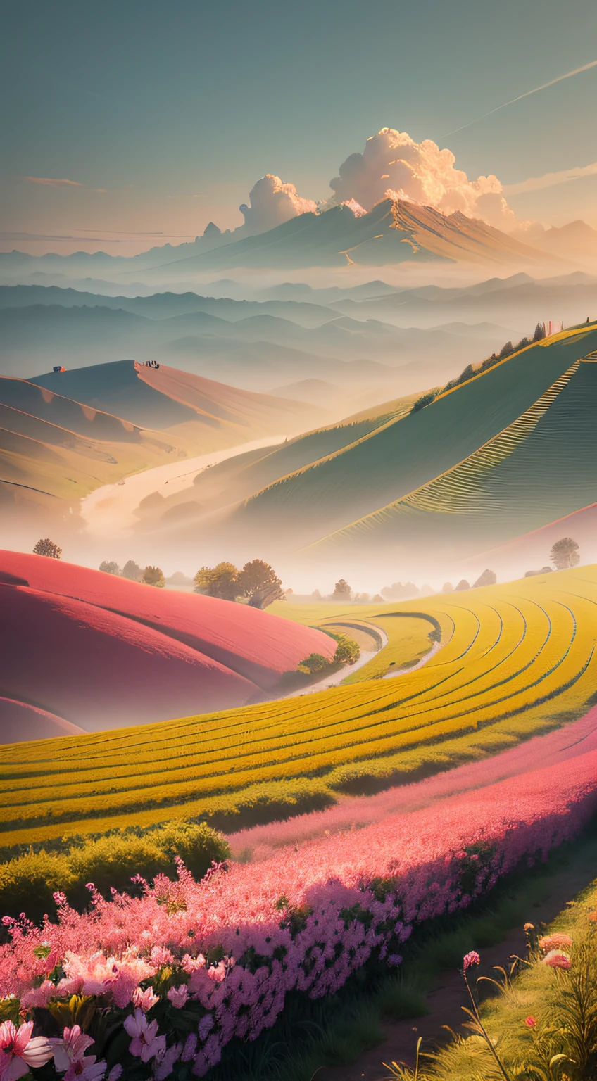 This is spring with the red and pink of peaches and the pure white of plums, this is the color of golden hay that burns in summer, this is the vast green steppe with the back of tea and rice fields, this is the smog floating in the cold. sweet of winter, surreal, 8k, detailed