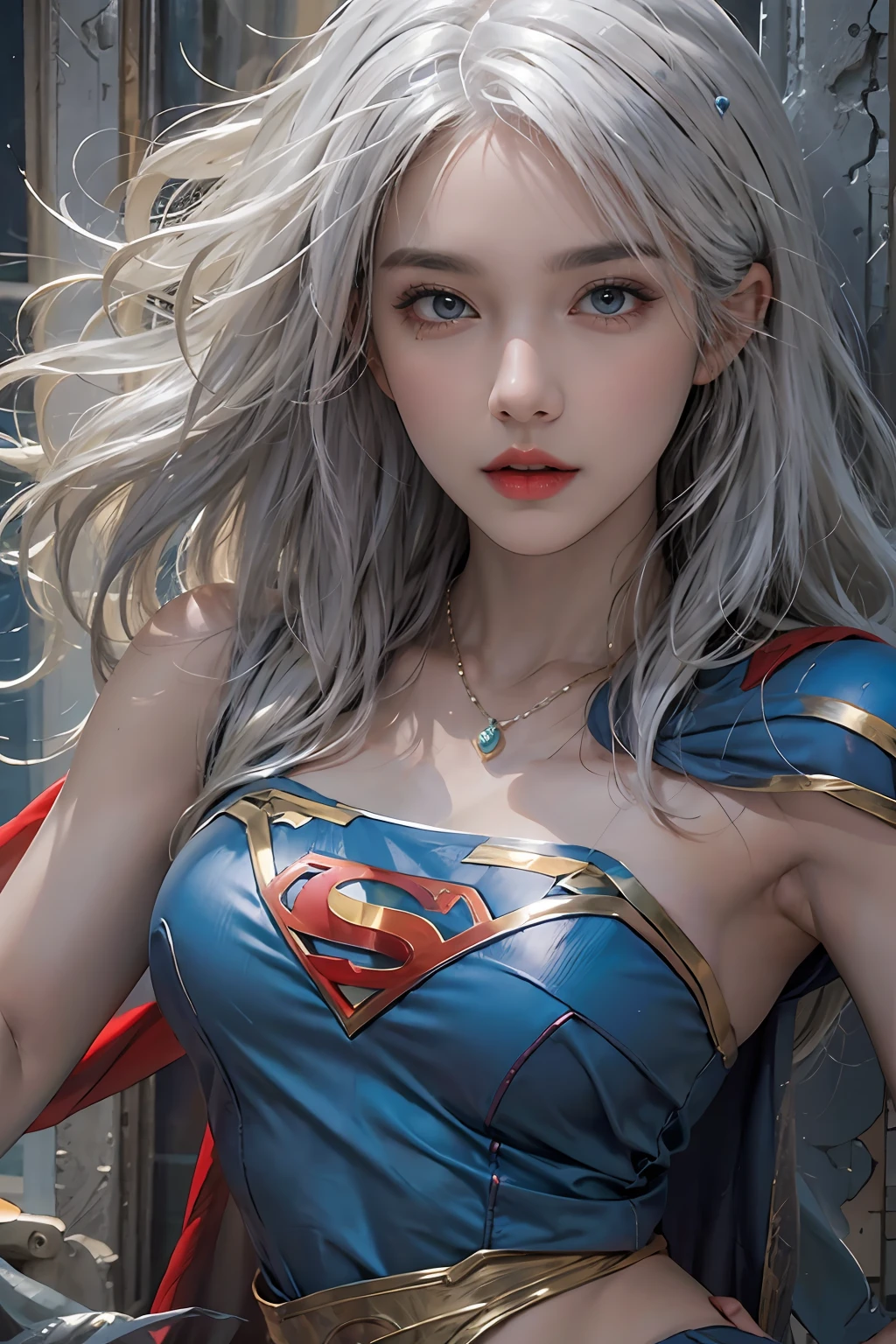 photorealistic, high resolution, 1women, solo, hips up, look at viewer, (detailed face), white hair, supergirl blue costume, tattoo, jewelry