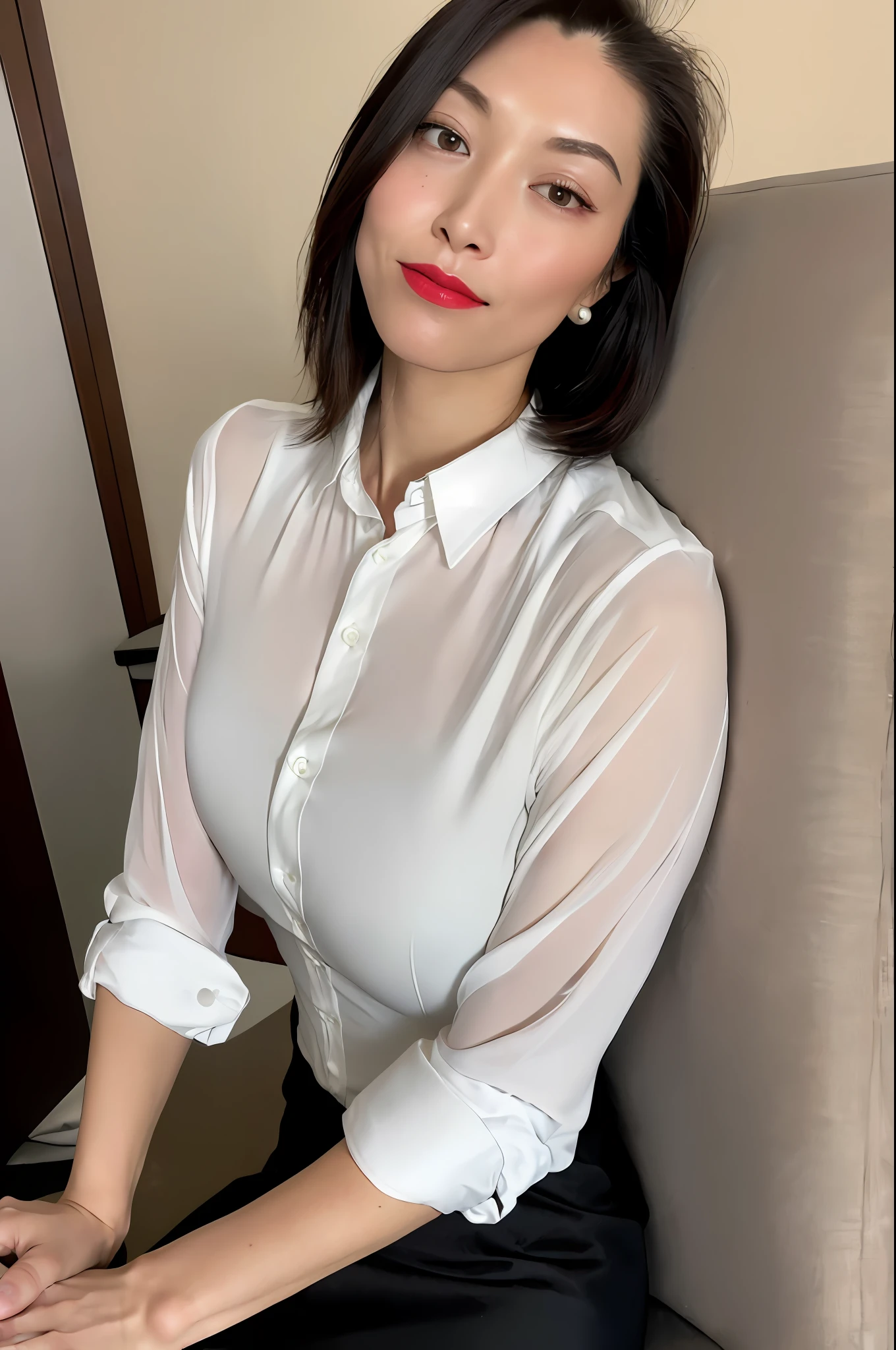 (((masturbation, hetero,, masturbation))), (((office lady, black recruit suit, white shirt, black tight skirt, black stockings, high heels)), (sitting in a chair, sitting on legs bending the knees, zoom camera in the crotch, angle from below), (unbuttoned shirt: 1.1), looking to the side, very angry, blushing, distressed, reluctant, glare, (sexual arousal: 1.5, pubic hair, lower abdomen bristles), NSFW, 8k, RAW photo, masterpiece, absurdity, top quality, high resolution: 1.1, ultra-detail, hyper-realistic: 1.4, realistic, photorealistic: 1.3, cinema light, film grain, closeup, full body, depth of field, eye focus, young, 85mm lens, f/1.4, Professional lighting, portrait, photon mapping, radiosity, physically based rendering, transparency, soft light, realistic face, realistic body, realistic skin, clean: 1.8, black hair, hairstyle to match the trend of Japan in 2023, big breasts: 1.2, blusher, good style, (very dark lip gloss, bright red lipstick, so many eyelashes, pitch black eyeshadow) , Japan person, night, office, company, camel toe, long legs, PureErosFace_V1: 0.8, dynamic pose