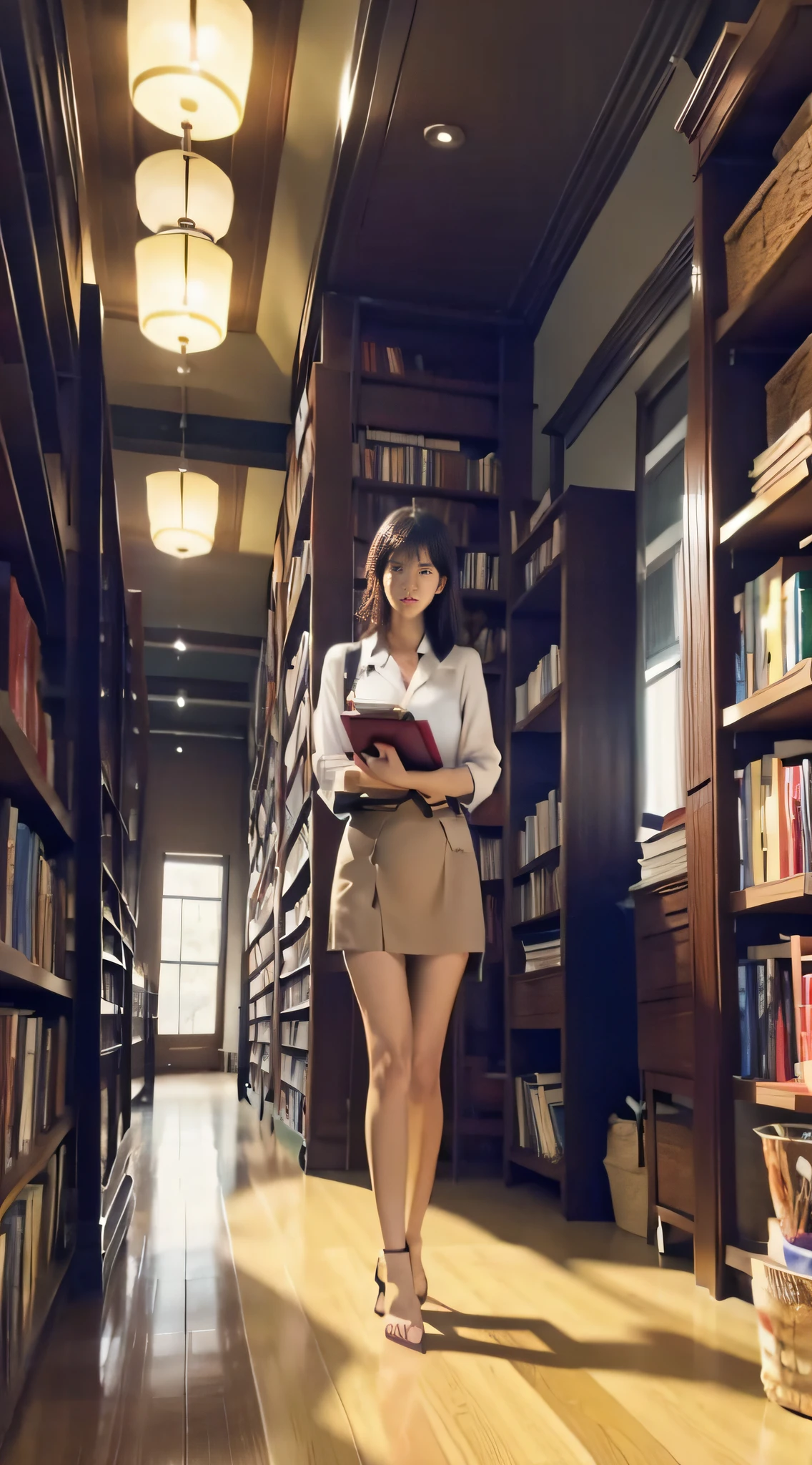 Image of Alphard standing in a library,There are books,endless books