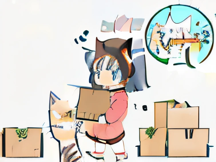 Cartoon girl with box and cat, there is a cat next to her, attractive cat girl, catgirl, Meet the cat, anime catgirl, moving, cardboard, Cat Girl, Someone, Cats! are around, Cute:2, nichijou, by Naka Bokunen, cute anime catgirl, Box, woman and cat, Nekomimi