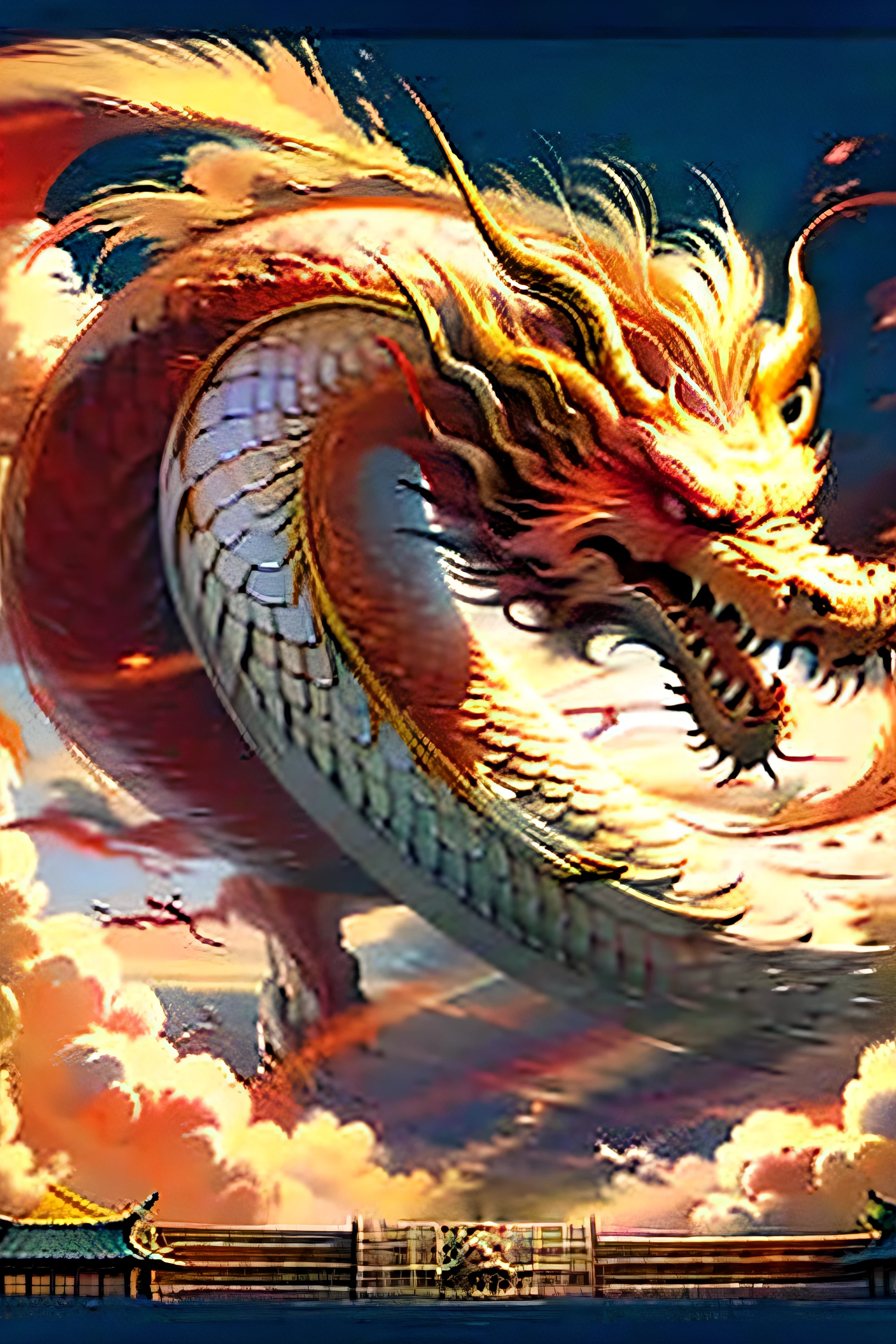 Best quality at best,tmasterpiece,超高分辨率,without humans,(The long:1.2),without humans,clouds,buliding,east asian architecture,red eyes,banya,with her mouth open,Skysky,fang,Red oriental dragon,mostly cloudy sky,teeth,flight,firey,The bird,wings