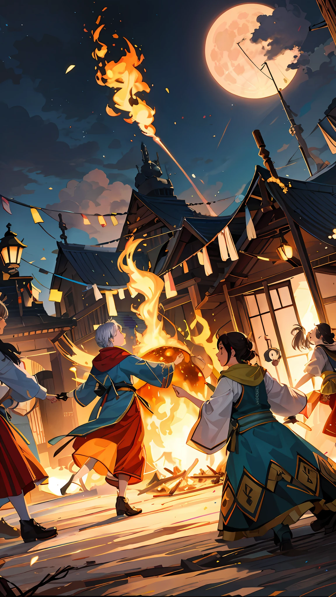 Illustration of a group of people dancing around a fire,The background is the full moon,