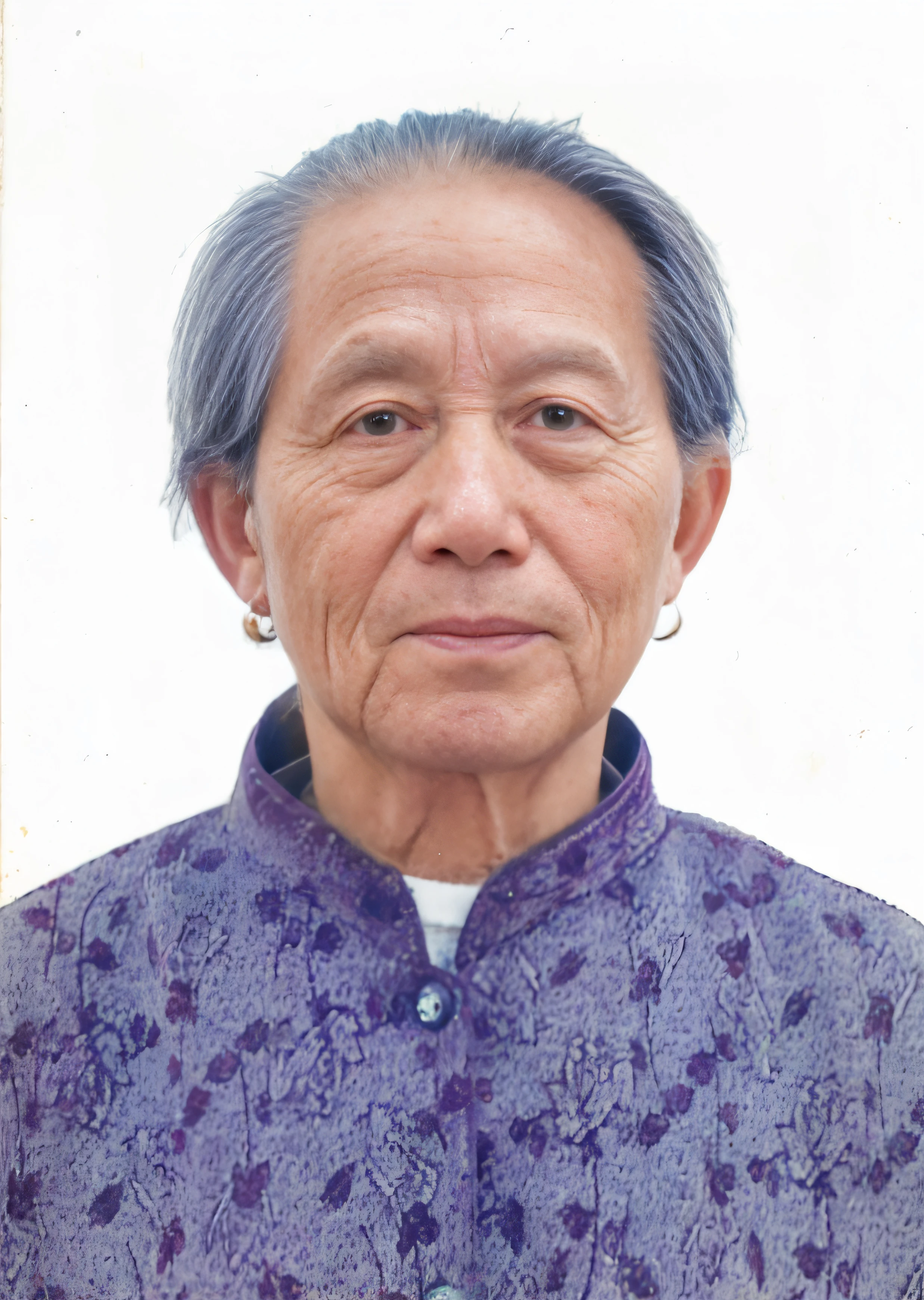 An old woman with blue hair and a purple shirt looks into the camera, Yun Ling, mei-ling zhou, Qiu Fang, kakar cheung, yin zhen chu, song nan li, nivanh chanthara, mingchen shen, phong yintion j - jiang geping, lei min, jiyun chae, zhong lin