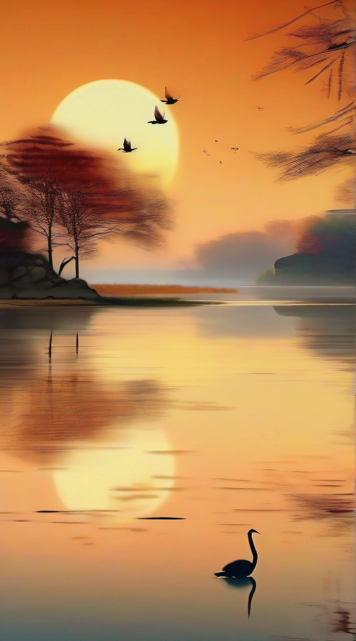 Real Photographics,China-style,ink,The sunset and the solitary crane fly together,The autumn water is the same for a long time,The beauty of ancient poetry,the setting sun,Wild geese in the sky in the distance,Ancient buildings are scattered