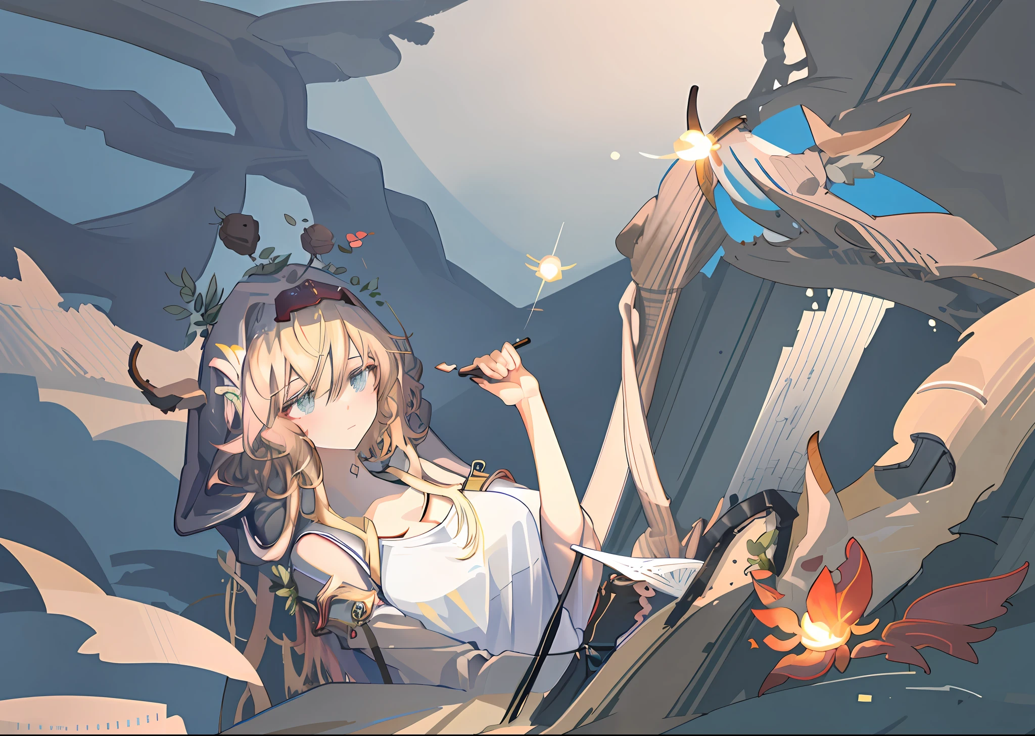 tmasterpiece,Best quality at best,(非常详细的 CG 统一 8k 壁纸),(Best quality at best),(The best illustrations),(The best shadow),glowing sprites,There is a glowing deer,Drink water in the pool,Natural elements in the forest theme。Mysterious forest,Beautiful forest,great outdoors,Surrounded by flowers,Delicate leaves and branches are surrounded by fireflies(nature elements),(Jungle theme),(foliage),(tree branch),(glowworm),(particle effect)and other 3D, Octane rendering,Ray traching,Super meticulous,anime big breast,1个Giant Breast Girl,calm expression,mesmerizing eyes,Naturally curly blonde hair,Flowing skirt,A calm posture,Porcelain-like skin,Subtle blush,Crystal Pendant BREAK Prime Time,(edge lit):1.2,a warm color palette,sunflare,soft shade,vivd colour,painterly effect,Fantastic atmosphere BREAK scenic lake,Far Mountain,willowy,Calm water surface,Reflectors,Sunlit clouds,tranquil ambiance,Idyllic sunsets,ultra - detailed,offcial art,统一 8k 壁纸