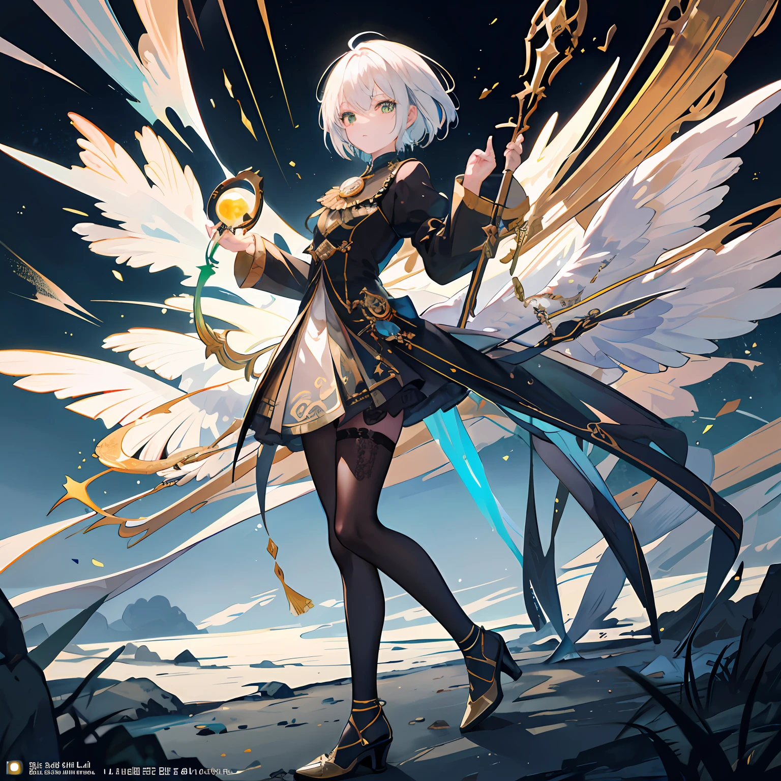 ((ultra - detailed)),((illustration))，((tmasterpiece)),(((Need))),((美丽细致的眼睛))，（the Extremely Detailed CG Unity 8K Wallpapers，best qualtiy，tmasterpiece），（（4K，tmasterpiece，best qualtiy）），The girl with short white hair held a pitch-black scepter in her backhand，He held a handful of golden straw in his left hand，There is green liquid on the clothes，Alchemist，monocle，steam style，Black and gold high heels，Whole body diagram