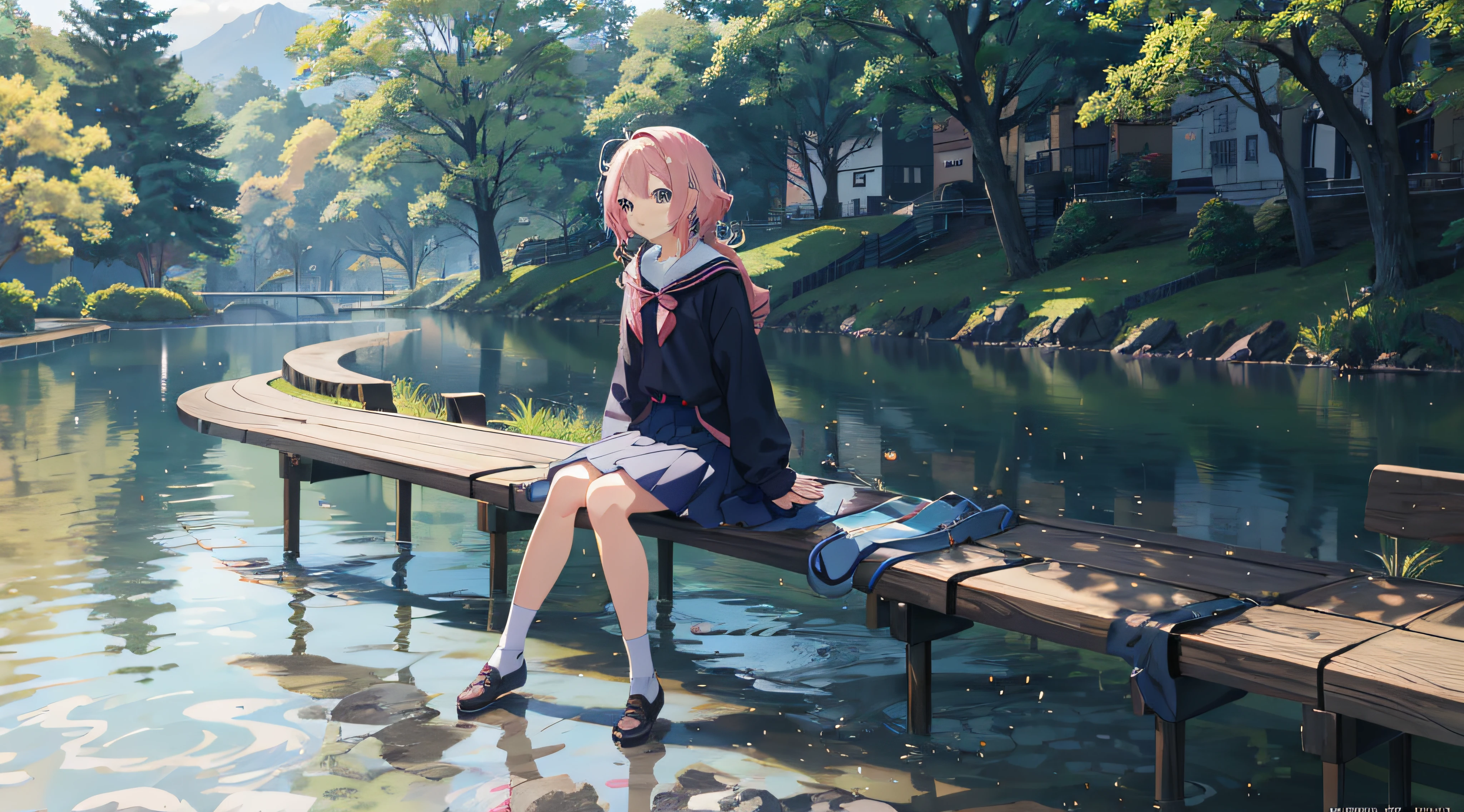 Anime girl sitting on bench by the river in the park, Smooth anime CG art, Anime art wallpaper 8 K, style of anime4 K, Anime art wallpaper 4k, 4K anime wallpaper, Anime art wallpaper 4 K, anime nature wallpap, Anime wallpaper 4 k, Anime wallpaper 4K, 4k manga wallpapers, ultra hd anime wallpaper, hd anime wallpaper