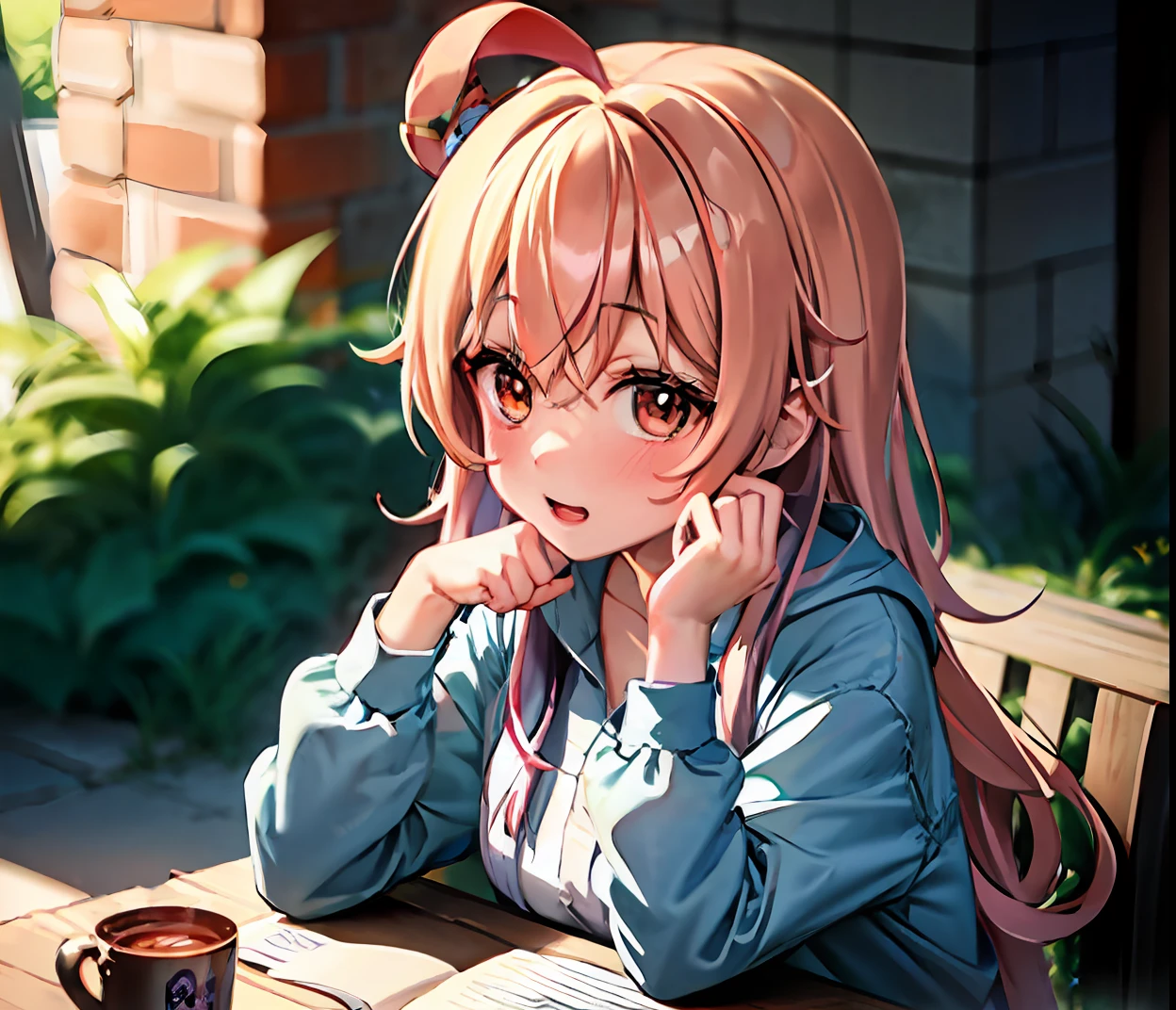 Anime character with pink hair sitting at a table drinking a glass of water, anime visual of a cute girl, anime girl named lucy, anime moe art style, as an anime character, In the anime, An anime girl, in an anime style, anime best girl, anime yuru camp, up of young anime girl, Kizi, anime figure,He wears a blue and yellow square-shaped hair ornament on his head