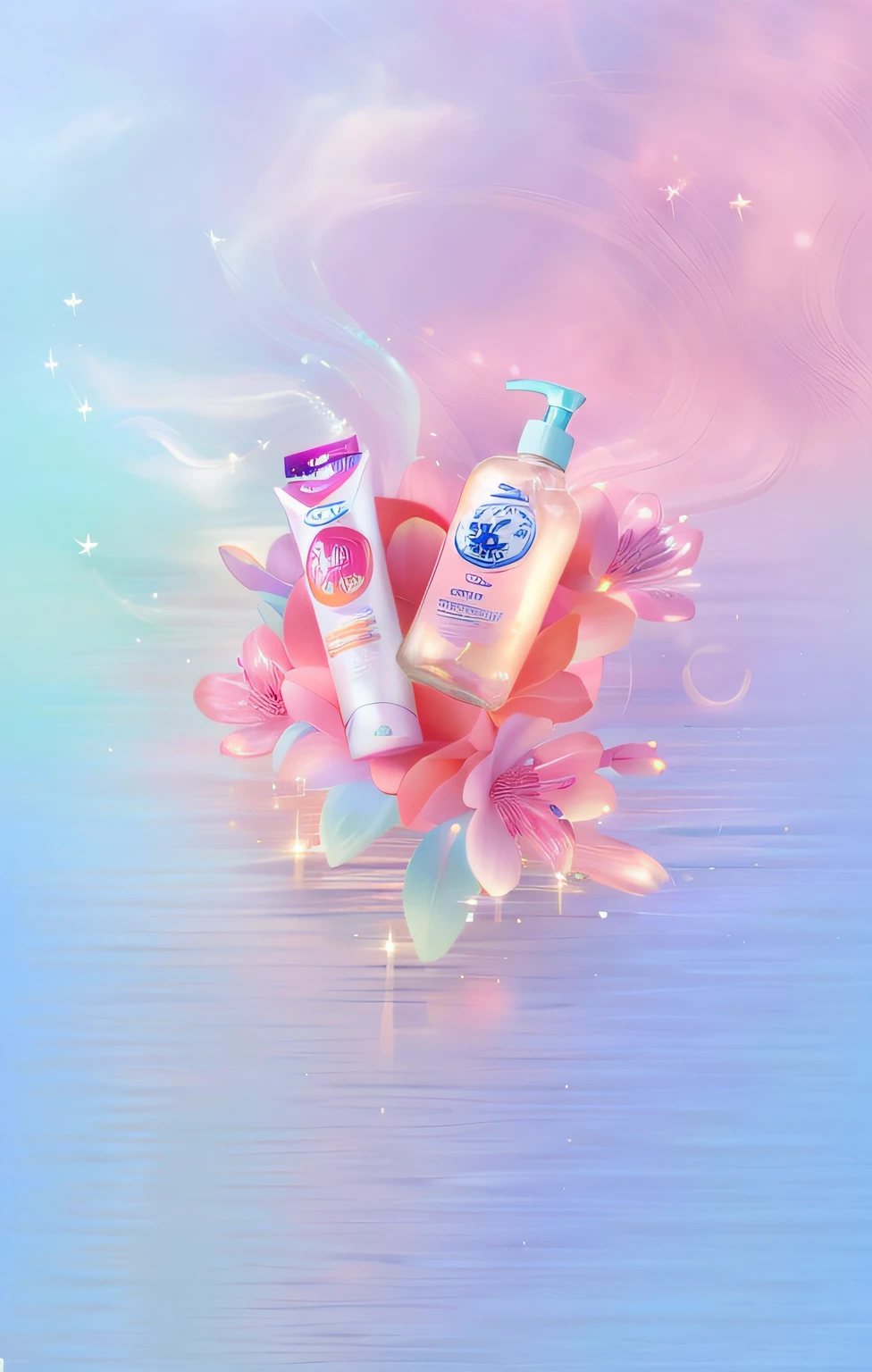 There are two bottles of lotion on the pink flowers, lush sakura, Blue and pink splashes, Soft and bright skin, big breasts beautiful, beauty campaign, pink and blue color, Soft blue and pink tones, pink and blue color, Beautiful design, Light effect. Feminine, with bloom ethereal effects, blue and pink, Soft glow, shades of pink and blue