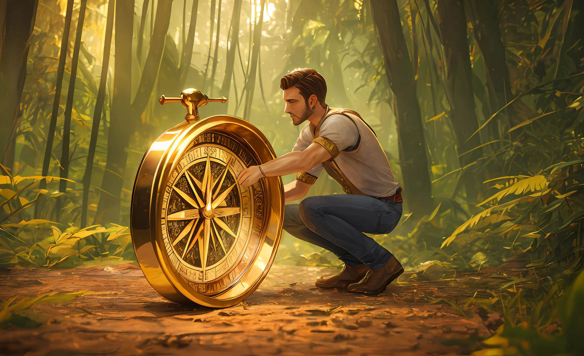 a beautiful men found a small golden compass in the city of gold in the jungle realistic ,hd 4k realstic,masterpiece,old artifacts and building made of gold --auto --s2