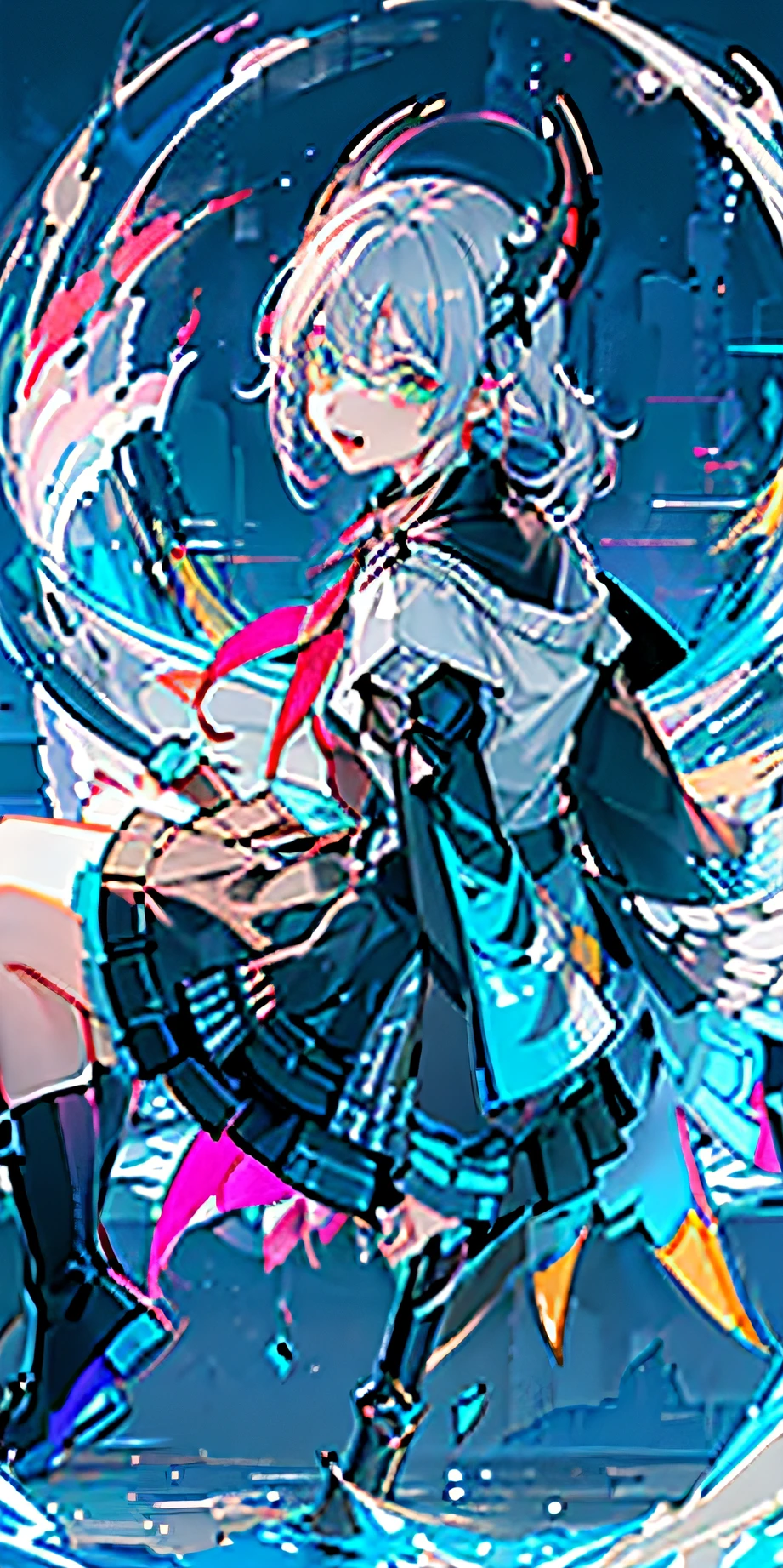 (Highest picture quality),(Master's work),(Ultra-detailed),(Detailed eye description:1.0),(Lens flare:1.0),(Movie poster:1.0),(Tarot border:1.0),The portrait is centered,(Close-up:1.0),(nagative space:0.8),(Negative space:1.6),(Solo),(Fluttering and colorful {Wind|Water magic|ink|crystals|Ice|Fire|Flame|Lightning|web|Rocks|Sand|Particle|spark of light|Blood}:1.0),(Many are colorful {Soap bubbles|Clouds|Thorns|Spikes|vines|Electric currents|spirals|Barely|Wings|tatoos|cubes|octahedron}:1.0),(Floating {Red|Green|Blue|Aqua|purple|Yellow|black|White|Grey|Pink|Orange|Lime} {Ribbons|feater|Particle|blades|droplets|snowflower|Soft balls}:1.0),({crystal|Ice|Fire|Flame|Wind|water|earth|stone|space|musical|Sonic|vortex} {magic|Wings}:1.0), ({Ray tracing,Glowing|Dappled sunlight,Light rays,Caustics|Night,Black Themes|mysterious,eerie|easygoing,Pastel}:1.2), ({Colorful|glitters|Multicolored}:1.0),(beautiful detailed glow:1.0),({Leaning forward|Leaning back|leaning to the side|}:1.2),{(Smile:1.0)|(Fake smile:1.0)|(Grim expression:1.0)},({small|small||Lips,eyeslashes}:1.0),{(Open mouth:1.0)|(Closed mouth:1.0)|},({eyeslashes|eye shadows||}),{One eye closed|||},({Red|Green|Blue|Aqua|purple|Yellow|black|White|Grey|Pink|Orange|Lime} Hair:1.4),({short|Long|mediating} Hair:1.0),({From below|From above|From the side Side|From behind|facingviewer}:1.3),(Halo:1.3),(Head tilt:1.0),(Dynamic pose:1.1),(Asymmetrical hair:1.2),({Red|Green|Blue|Aqua|purple|Yellow|black|White|Grey|Pink|Orange|Lime} {Armor|dress|Collared shirt|suit|Outfit}:1.0),({formal|Military|techwear outfits|Urban style|Casual,Casual clothes|fantasy,magister|feral,tribe|Sci-fi,Futuristic}),({Plaid skirts|Layered skirt|Fluffy dresses|Tights|Pants|Shorts}),({Red|Green|Blue|Aqua|purple|Yellow|black|White|Grey|Pink|Orange|Lime} {Eyes|Eyes|pupils}:1.4),{(Forehead:1.5),Asymmetrical bangs|diagonal bangs|hair between eye|Blunt bangs|sweeping bangs},{one eye covered|pony tails|high twintail|||},{Straight hair|Wavy hair|Drill hair||},{Long jacket|blazer jacket|Cloak|Sweater|tie||},{(floating cape:1.0),|}({Fox ears, Fox girl|Vampire, Bat wings|Pointy ears,(elf:0.5)||}:1.1),({abstract backgrounds|City,skyscraper|forest,sonoko|Castle|Shrine|Cave,Underground|marshes|Lake|winter|Alien planet|}:1.4),({Indoors,inside|Outdoors,outside}:1.1),{2$$Witch hat|Straw hat|crown|head gear|eye glass|Glasses|Auditory equipment|hair flower|Hairpins Hairpins|Hair accessories Hair bow|||},({Sitting|Flying|Jumps|laying|standing|standing on one leg}:1.1),({Colored skin|White skin|Blue skin|Pale skin|Conque|Shiny skin|Dark skin||}:1.1),({full bodyesbian|Upper body|Portrait|}:1.25),{Fang, skin fang|Tongue stock|scowling|bite lips|Thinking|||||}, {Empty eyes| pupils in symbol shapes, Heart-shaped pupils| Pupil of the slit, + +|||||}