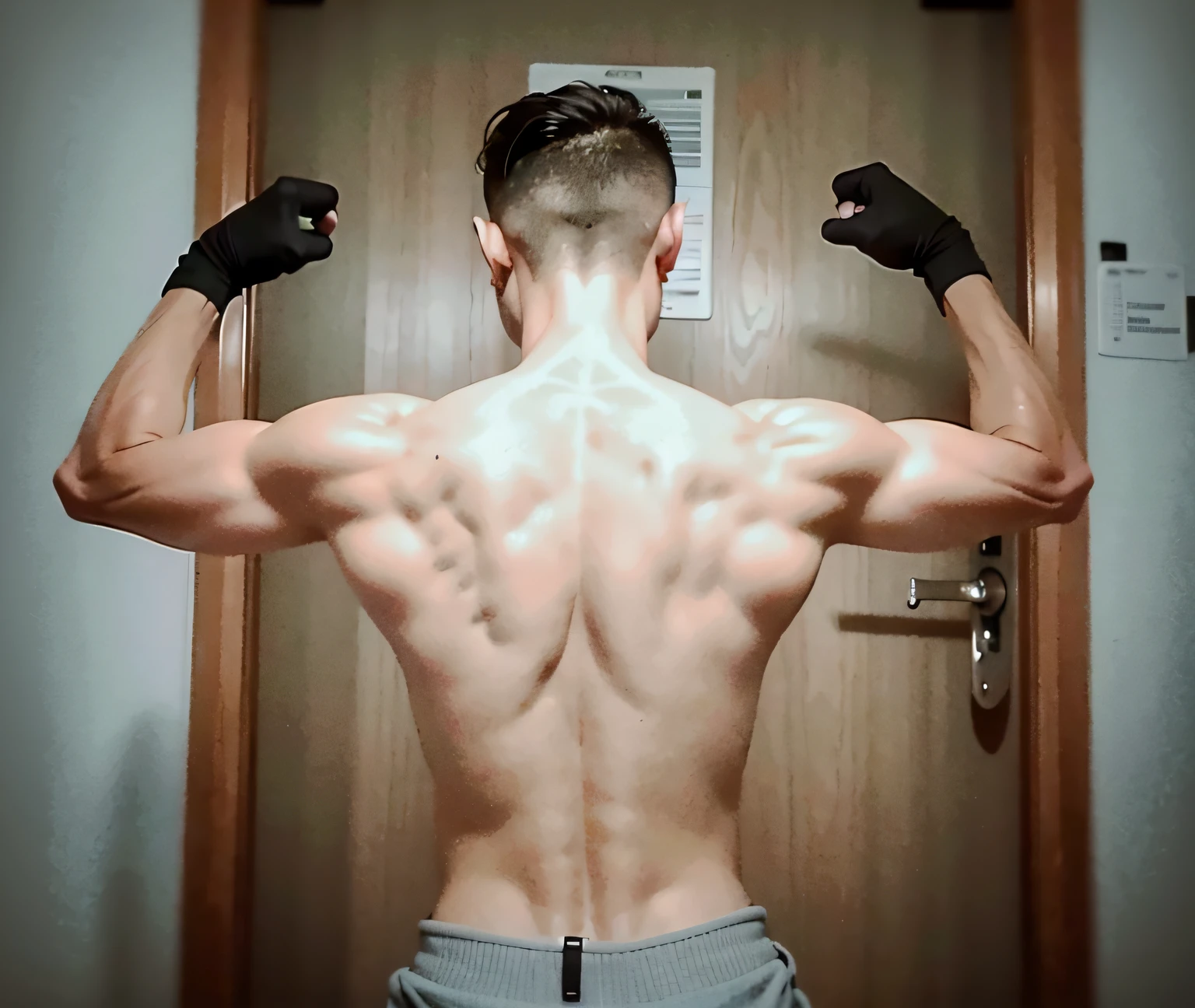 There was a man with his back to the camera, Muscular!!, in full growth from the back, from back, Muscular!, Muscular!!!, posterior view, back stance, in full growth from the back, arms back behind, Back - View, Upper body!!, symmetrical shoulders, musculature, exposed bare shoulders, Lean but muscular, his back is turned, bshoulders