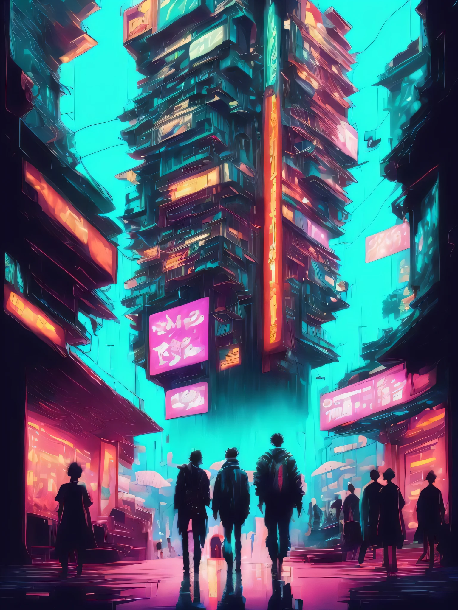 anime style digital art, brush strokes, painterly, impressionist style, half painted, Neo Babylon cyberpunk metropolis, neon accented futuristic architecture, high density buildings, people walking everywhere, intricate details, ethereal environment, hyper-detailed architecture