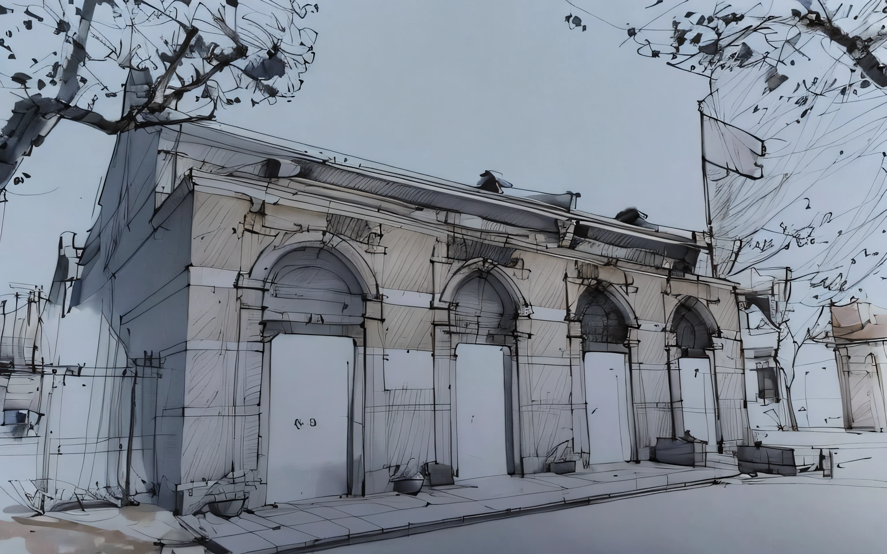 Sketch, Sketch,pen_Sketch_Style,The upper part of the lintel has arched pile mold ornaments,white backgrounid,simplebackground,Architectural sketch style,Shanghai Shikumen style building,Detailed detailing