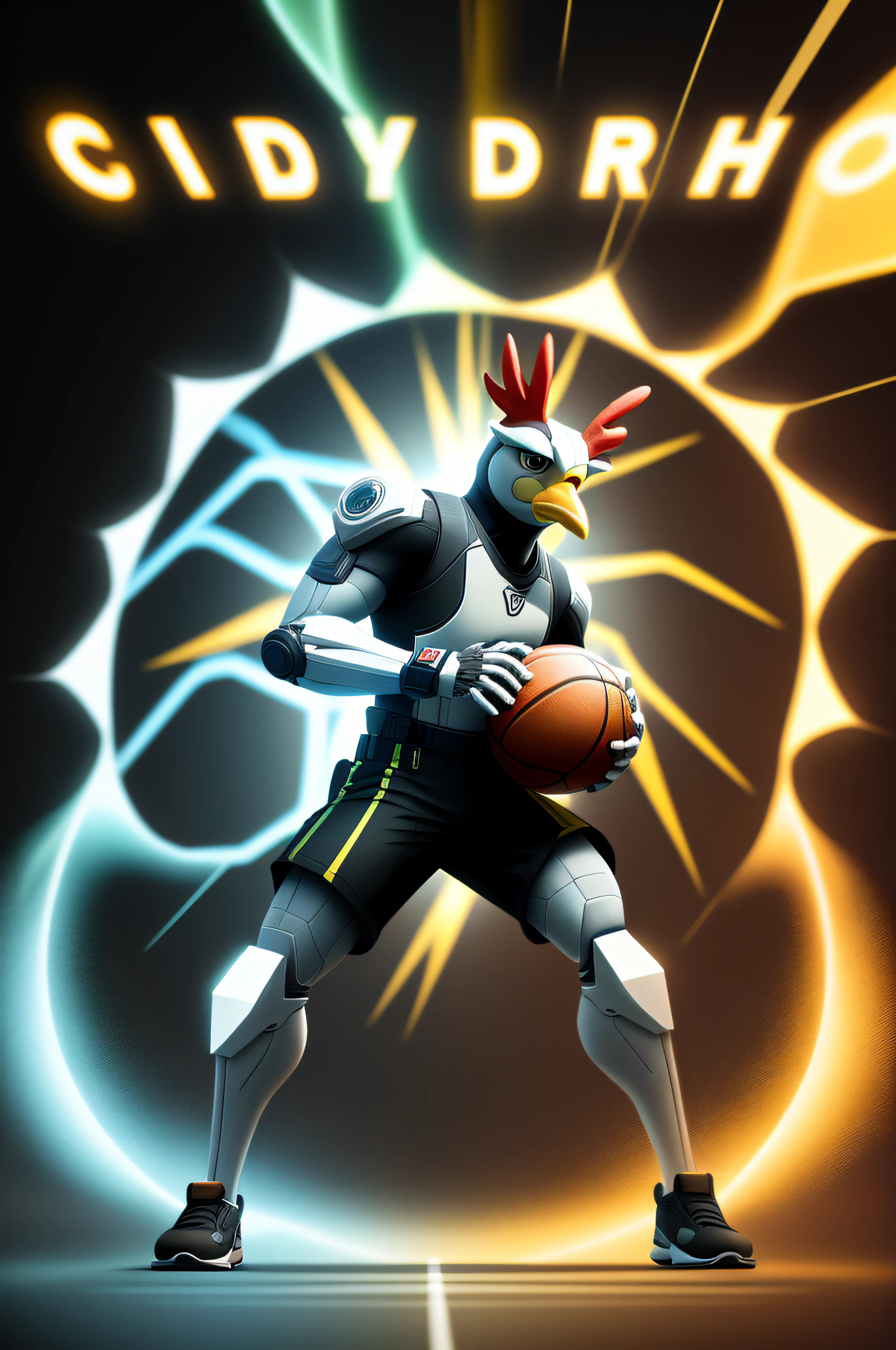 Anthropomorphic chicken playing basketball，the complex background，Fantastic background，There are artistic overlays，Anthropomorphic chicken playing basketball，Face away from the camera，Turn Back，8K,tmasterpiece，HighestQuali，Ray traching，NVIDIA RTX，Hyper-Resolution，Unreal 5，sub surface scattering，PBR textures，Post-processing，Anisotropic filtering，depth of fields，Maximum clarity and sharpness，Many-Layer Textures，Albedo e mapas Speculares，Surface coloring，Accurately simulate light-material interactions，perfectly proportions，rendering by octane，twotonelighting，Low ISO，White balance，trichotomy，Wide aperture，8K raw data，High-Efficiency Sub-Pixel，sub-pixel convolution，Luminous Particle，