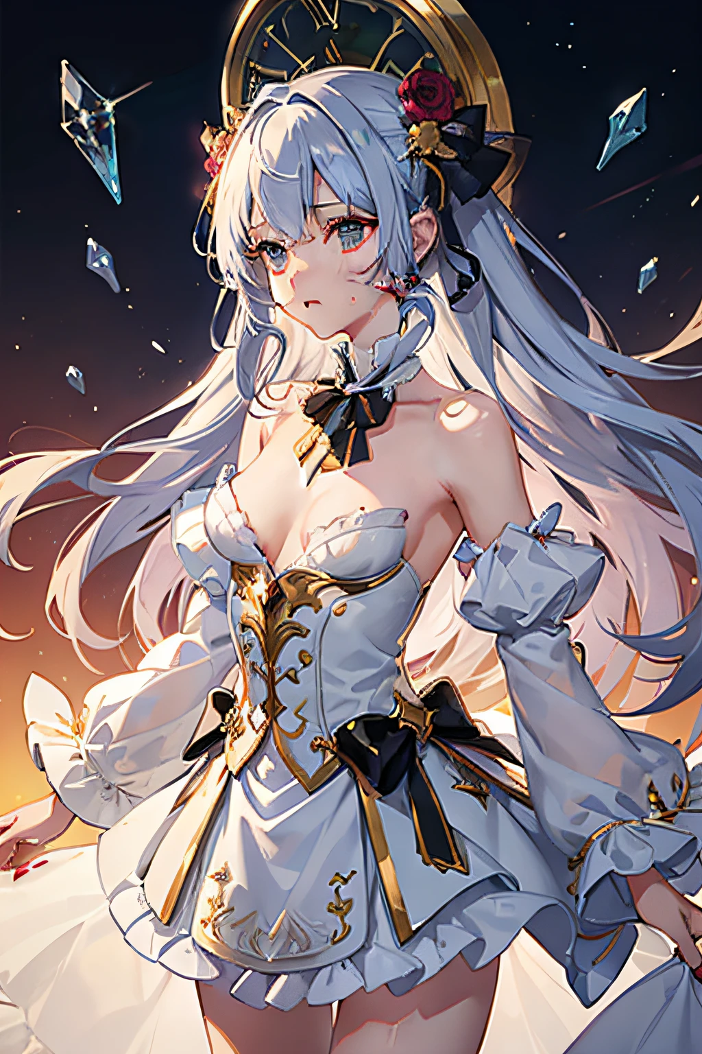(((crystals texture Hair)))，{{{{{extremely detailed CG}}}}},{{8k_wallpaper}},{{{{Crystalline purple gemstone gloves}}}},((beautiful detailed Glass hair)),((Glass shaped texture hand)),((Crystallize texture body)),Gem body,Hands as clear as jewels,Crystallization of clothes,((crystals texture skin)),sparkle, lens flare, light leaks, Broken glass，{{{{Detailed Glass shaped clothes}}}}， ((masterpiece)), (((best quality))), ((ultra-detailed)), ((illustration)), ((disheveled hair)), ((frills)), (1 girl), (solo), dynamic angle, big top sleeves, floating, beautiful detailed gemstone sky, gemstone sea, beautiful detailed eyes, overexposure, side blunt bangs, hairs between eyes, ribbons, bowties, buttons, bare shoulders, (((small breast))), pleated skirt, crystals texture flowers， ((Detailed crystallized clothing)),(gemstone of body)，solo focus,{{{{{{{{Iridescence and rainbow hair:2.5}}}}}}},{{{{{{detailed cute anime face}}}}}},{{loli}},{{{{{watercolor_(medium)}}}},(((masterpiece))),(((clock))),(((red))),(((blood))),finely detail,Depth of field,Blood drop,Blood fog