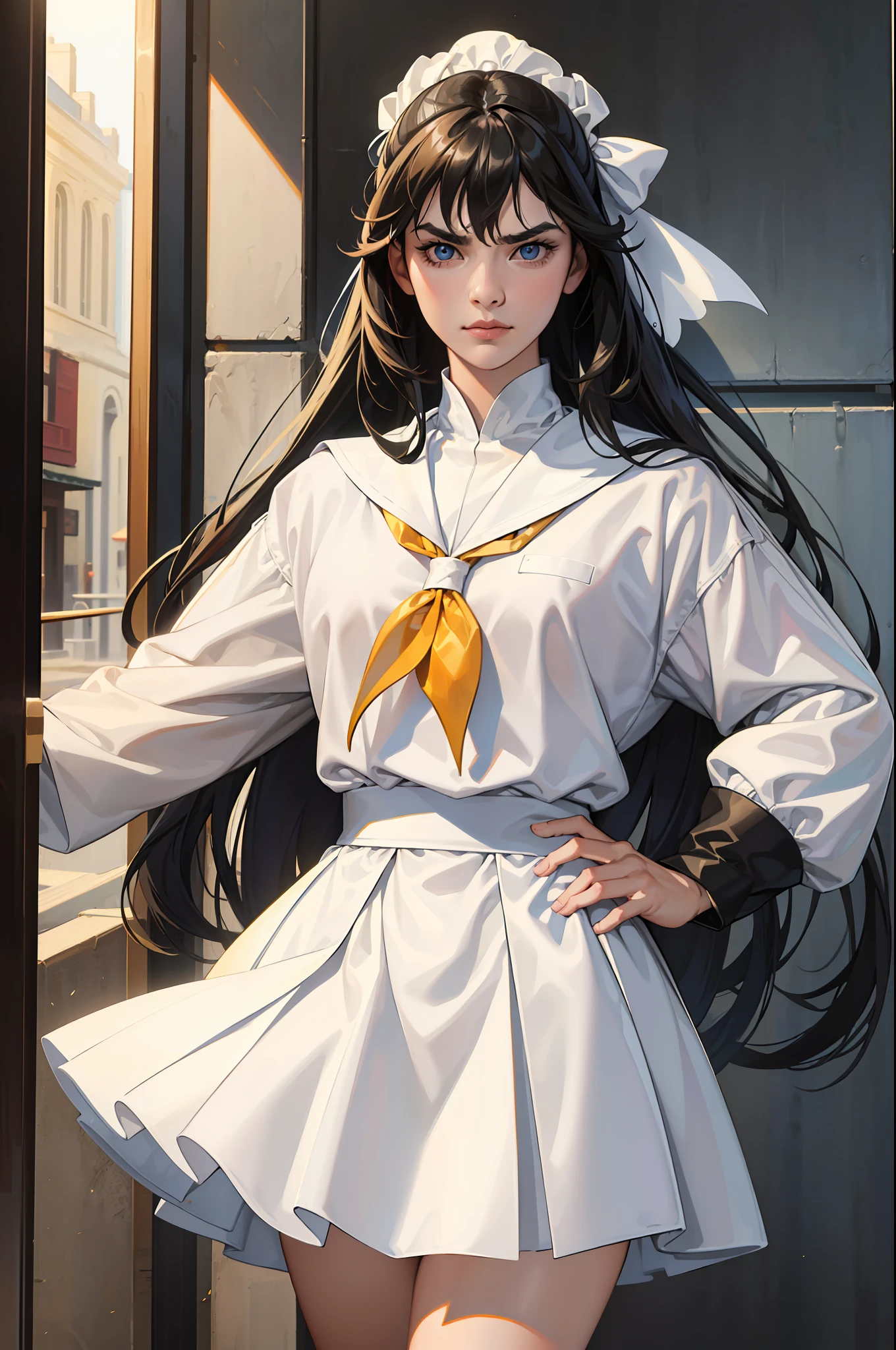 masterpiece,best quality,official art,extremely detailed CG unity 8k wallpaper,1girl, t,pretty,an extremely delicate and beautiful,ultra high res, (photorealistic:1.4), ,golden hour lighting, looking at viewer, facing front, long black hair 1girl, long black hair, blue eyes, Junketsu uniform, white clothes, white skirt, kill la kill, Satsuki Kiryuin, dark city, absurdres, high res, ultrasharp, 8K, masterpiece, looking at viewer, frown, thick eyebrows