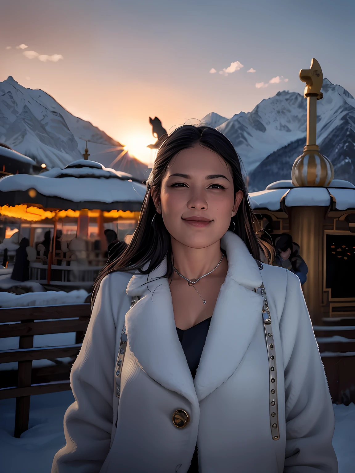 woman in black jacket standing in front of a carousel with a white roof, nivanh chanthara, with mountains in the background, with mountains in background, photo taken in 2 0 2 0, moutain in background, professional picture, with mountains as background, photo of a woman, nuttavut baiphowongse, hills in the background