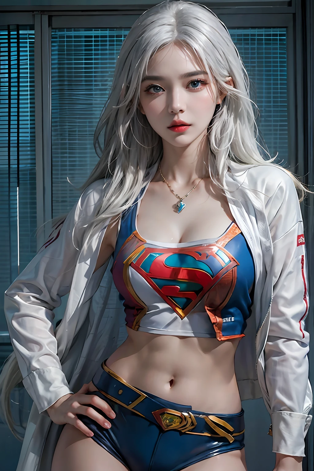 photorealistic, high resolution, 1women, solo, hips up, look at viewer, (detailed face), white hair, supergirl blue suit, tattoo, jewelry