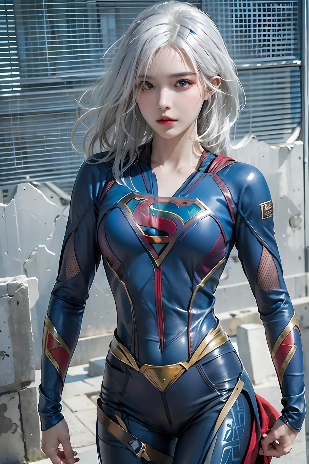 photorealistic, high resolution, 1women, solo, hips up, look at viewer, (detailed face), white hair, supergirl blue suit, tattoo, jewelry
