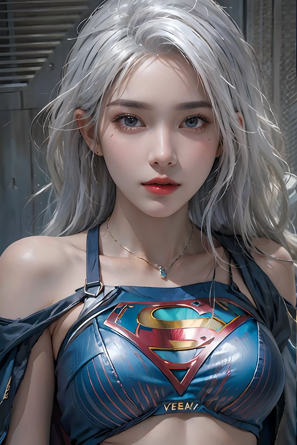 photorealistic, high resolution, 1women, solo, hips up, look at viewer, (detailed face), white hair, supergirl blue suit, tattoo, jewelry