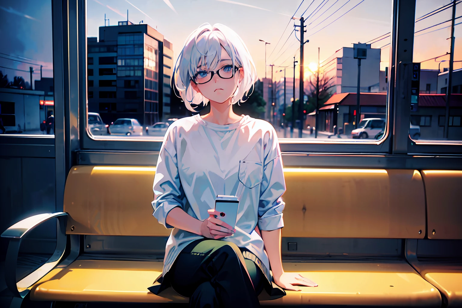 a college girl with glasses sitting on the bench, white dyed hair, white shirt, upeer view, sad face, tired, bus station, alone, lofi portrait, digital anime illustration, detailed digital anime art, anime portrait, anime moe artstyle, realistic anime art style, anime realism style, semirealistic anime style, anime character portrait, high quality anime artstyle