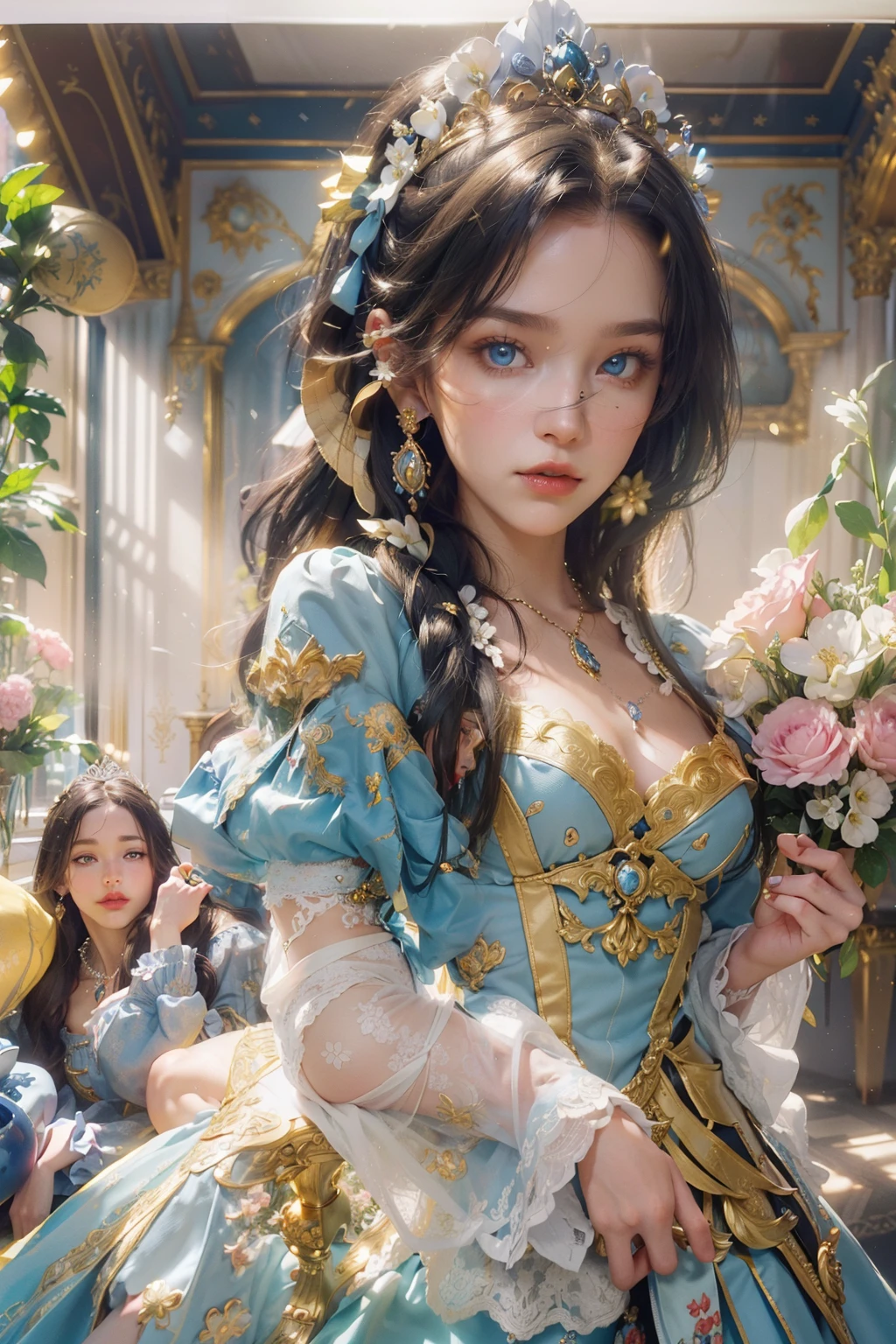 (ornate blue and yellow european style princess dress:1.2),(long sleeves),flower necklace,1 girl,full body, high heels,(long hair:1.1), (realistic:1.7),((best quality)),absurdres,(ultra high res),(photorealistic:1.6),photorealistic,octane render,(hyperrealistic:1.2), (photorealistic face:1.2), (8k), (4k), (Masterpiece),(realistic skin texture), (illustration, cinematic lighting,wallpaper),( beautiful eyes:1.2),((((perfect face)))),(cute),(standing),(black hair),(blonde hair),blue eyes,red lips, (indoors),(in the palace),(vase),(flowers),(ornaments),