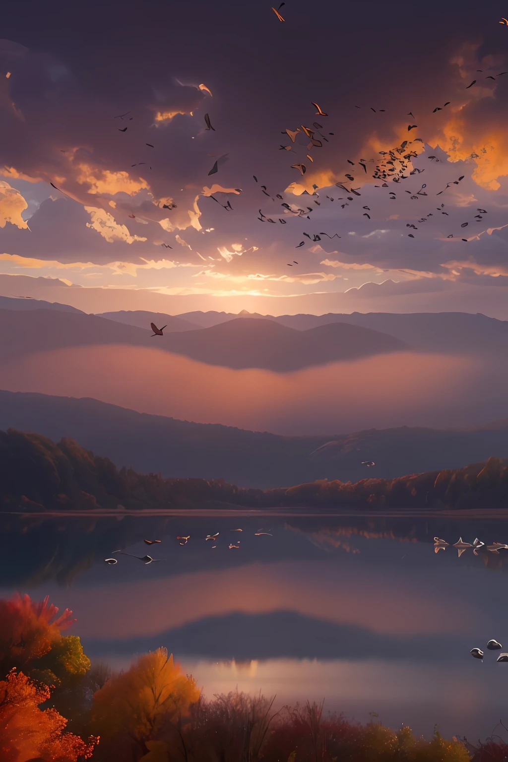 high high quality,Best quality at best,Realiy,Super realistic,super detailing,A high resolution,8K,Very realistic,tmasterpiece,intricately details,offcial art, RAW photogr, Incredibly Ridiculous res, (super wide shot), Holy light,动态照明, cinmatic lighting,finedetail,Epic fantasy digital art style,Stunning view in autumn。The whole scene is bathed in the setting sun,A warm golden glow renders the whole picture。At the highest point of the picture,A flock of flying geese flies in formation,They spread their wings and fly,forming a beautiful arc,It's like telling the story of travel,The trajectory of the wild goose is clearly visible,Leave unique lines and movements,Under the flying wild geese,This is a vast autumn sky,Azure and vast。Part of the sky is dyed warm red by the setting sun、Orange-yellow and dark purple,Form a cloud-like mass layer,It was as if there was a flame burning in the sky,The colors of the setting sun shine in the sky,Bloom like a gem。In the sunset,It is a soft orange-red band of light,Reflected on the lake,Blend in with the lake view,The lake is wide and calm,It's like a mirror,The reflection on the surface of the lake is blurry,Disorientation,It's like an abstract painting,The mountains in the distance are quiet,It seems to guard this idyllic autumn landscape,The picture is full of peace and harmony,It gives a quiet and distant feeling,The whole painting presents a spectacular sight,Showcase the power and beauty of nature,Stroll through the colorful sunset,Lonely wild geese soaring freely against the backdrop of the lake,The work is full of natural vitality and vitality,At the same time, It also reveals a serene and deep emotion,Immerse people in it,Feel the wonder and vastness of nature