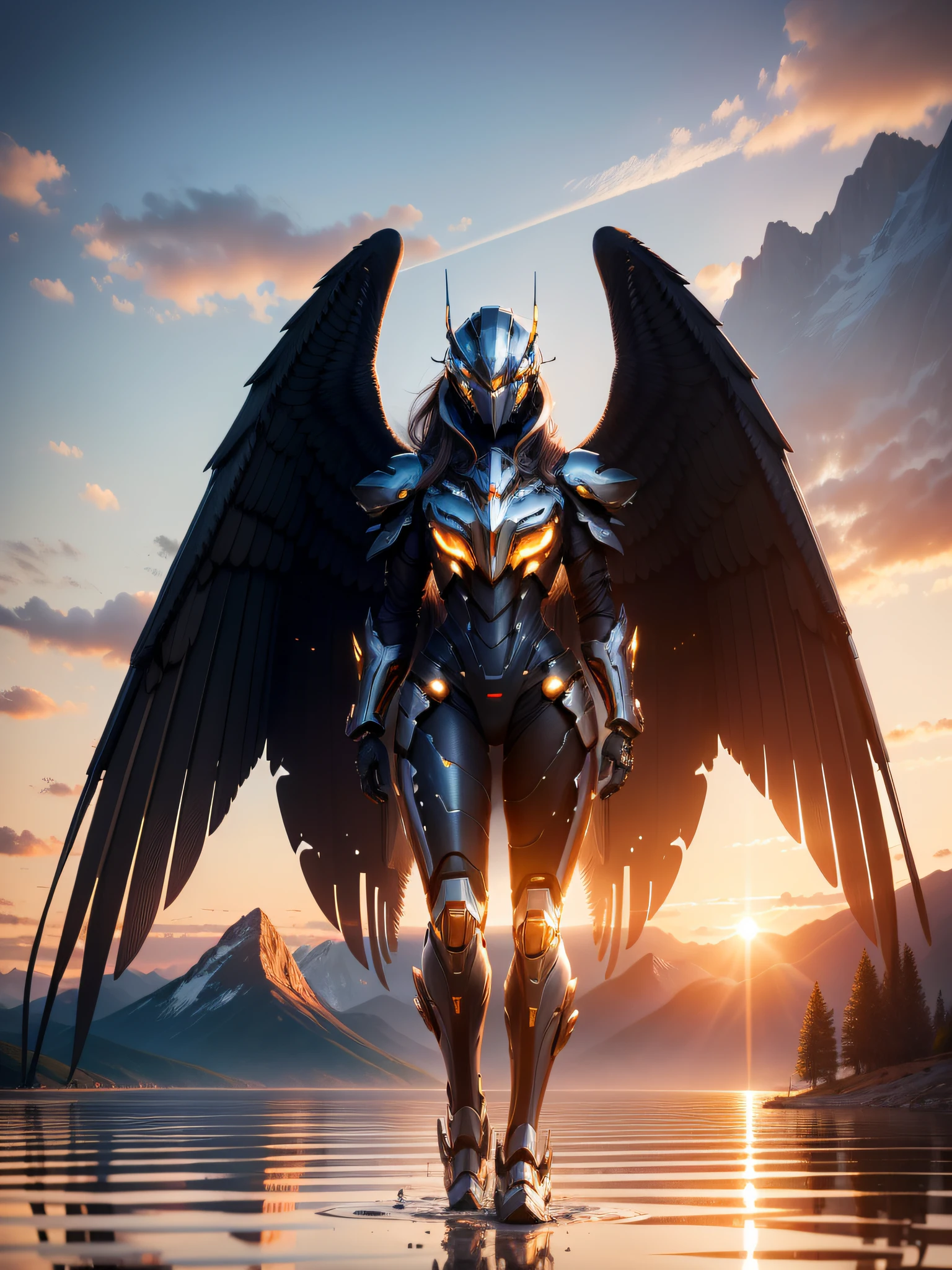 A cybernetic Araped bird in power armor flies in the sky, flying through sunset, very beautiful photograph of, at a beautiful sunset, Mecha birds fly in the sky, A lake surrounded by mountains, There are some reeds in front of the camera, amazing shot, beautiful and spectacular dusk, in a golden sunset sky, In the sunset, late sunset, The mountains are reflected in the water, Beautiful photo, award - winning shot, award-winning shot, (realisticlying:1.5), (realisticlying:1.2), A detailed, rendering, Epic, Biomechanical Arafeld bird, shelmet, A pair of huge wings, white plastic, diffuselighting, dynamicposes, 复杂, ellegance, (Dynamic background), highly detailed, ellegance, Sharp focus, photography of:greg rutkovsky, gentlesoftlighting, Vivid colors at sunset, Sunset photo, hyper HD, A high resolution, Award-Awarded, hyper HD, A high resolution, Award-Awarded, Masterpiece, ccurate, Super detail, Best quality, 8K, 16k, Masterpiece, ccurate, Super detail, Best quality, 8K, 16k, hyper HD, Masterpiece, ccurate, Super detail, Best quality, A high resolution, Award-Awarded, 8K, Yes, 16k