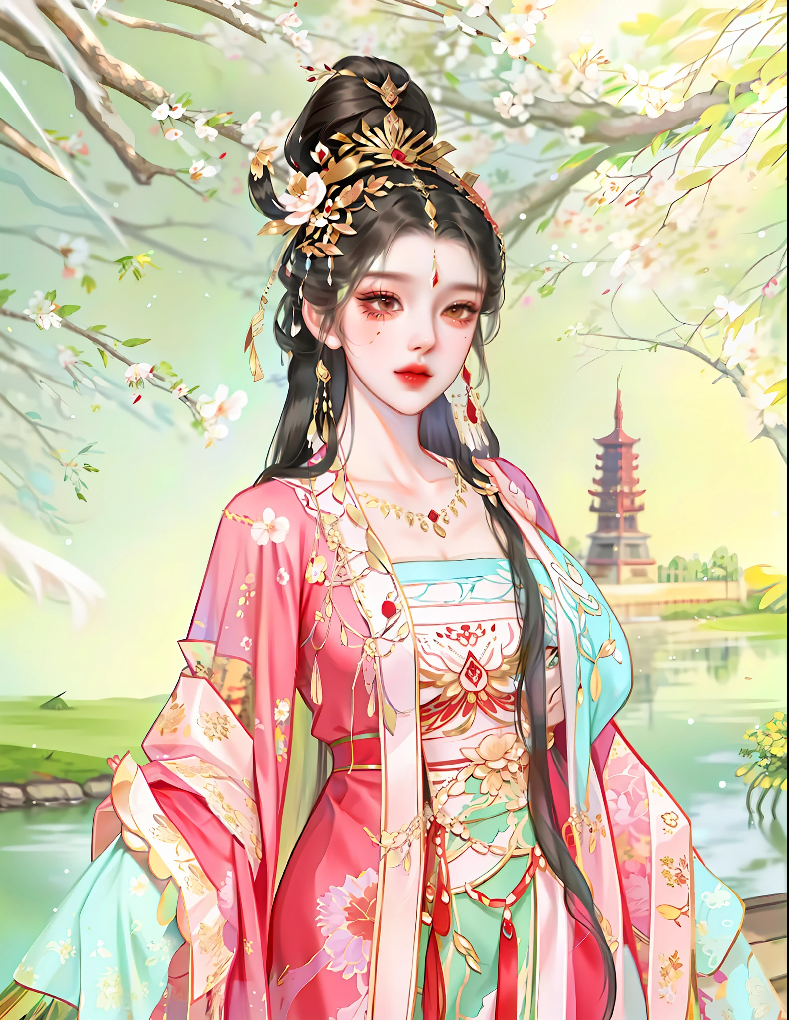 oriental girl,Works of masters,It is engaging and beautifully composed,Her figure is curvy,Enough to be a masterpiece。The painting is undoubtedly super detailed,Her figure is curvy,Best picture quality,Higher quality,high detal, 超高分辨率, 8K分辨率, depth of fields, cinematic photogtaphy, intricately details, carefully, meticuloso, glorious, max detail, extreme beautiful, (((1girll, 独奏))), A picture, tmasterpiece, (Best picture quality), Higher quality, high detal, 超高分辨率, in a panoramic view, Exquisite facial features, s the perfect face,Detailed digital anime art,Araved woman in a red and gold dress standing in front of the lake, a beautiful fantasy empress, Palace , A girl in Hanfu, Inspired by Lan Ying, Inspired by Qiu Ying, Princesa chinesa antiga, ((a beautiful fantasy empress)), Inspired by Huang Ji, inspired by Ju Lian, inspired by Zhou Fang, Inspired by Tang Yifen