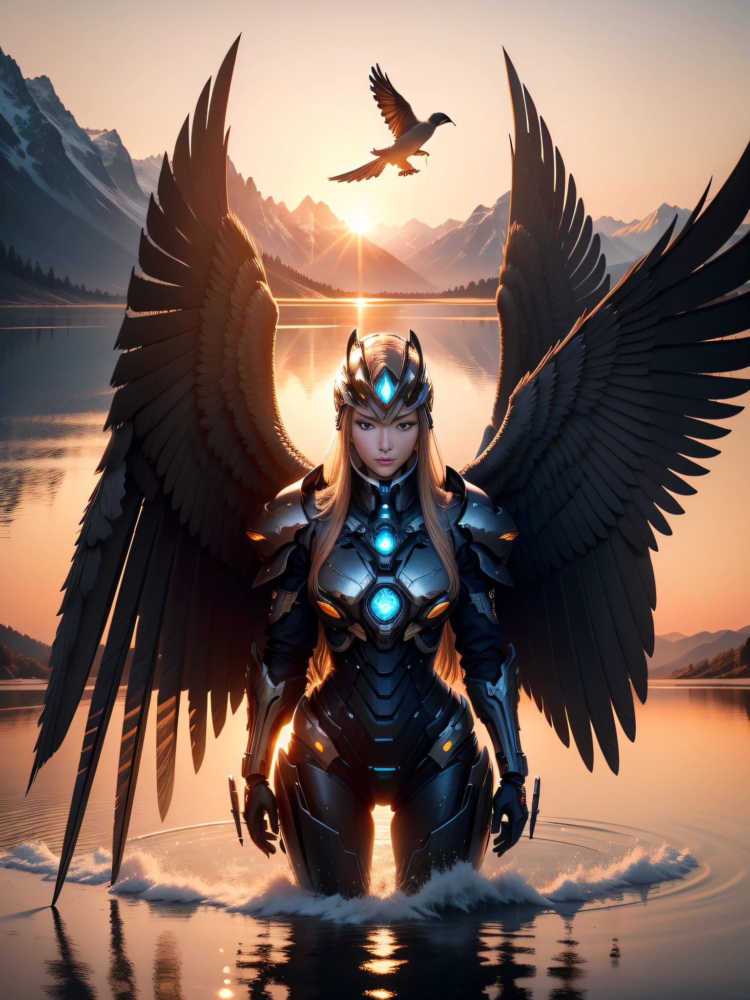 A cybernetic Araped bird in power armor flies in the sky, flying through sunset, very beautiful photograph of, at a beautiful sunset, Mecha birds fly in the sky, A lake surrounded by mountains, There are some reeds in front of the camera, amazing shot, beautiful and spectacular dusk, in a golden sunset sky, In the sunset, late sunset, The mountains are reflected in the water, Beautiful photo, award - winning shot, award-winning shot, （realisticlying：1.5）, （realisticlying：1.2）, A detailed, rendering, Epic, Biomechanical Arafeld bird, shelmet, A pair of huge wings, white plastic, diffuselighting, dynamicposes, 复杂, ellegance, （Dynamic background）, highly  detailed, ellegance, Sharp focus, photography of：greg rutkovsky, gentlesoftlighting, Vivid colors at sunset, Sunset photo, hyper HD, A high resolution, Award-Awarded, hyper HD, A high resolution, Award-Awarded, Masterpiece, ccurate, Super detail, Best quality, 8K, 16k, Masterpiece, ccurate, Super detail, Best quality, 8K, 16k, hyper HD, Masterpiece, ccurate, Super detail, Best quality, A high resolution, Award-Awarded, 8K, Yes, 16k