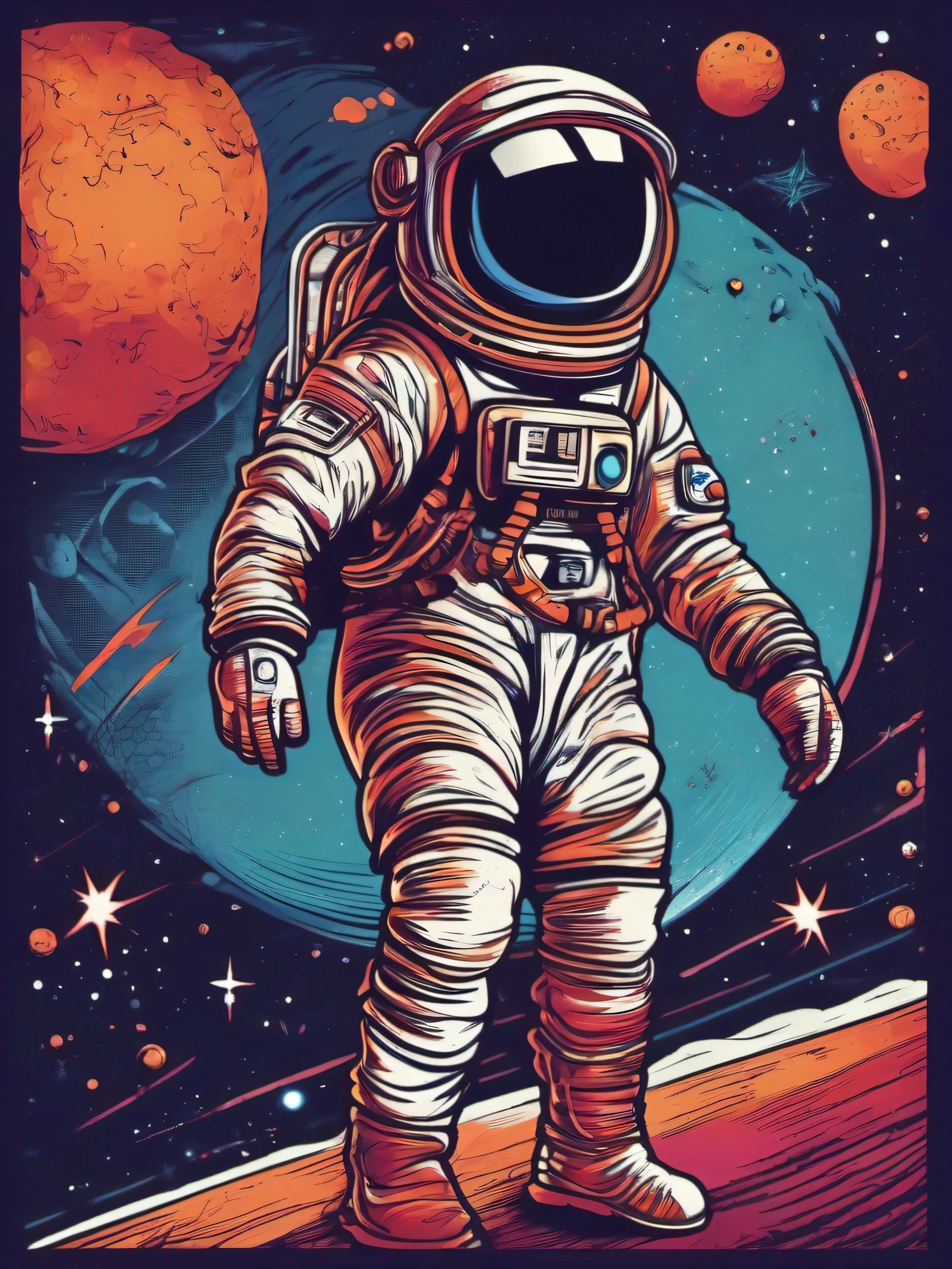 very details astronaut ,lost in galaxy background, Tshirt design, streetwear design, pro vector, japanese style, full design, 6 colors only, solid colors, no shadows, full design, warm colors, sticker, bright colors