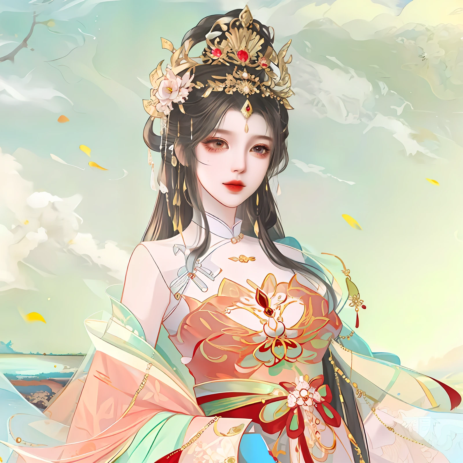 oriental girl,Works of masters,It is engaging and beautifully composed,Her figure is curvy,Enough to be a masterpiece。The painting is undoubtedly super detailed,Her figure is curvy,Best picture quality,Higher quality,high detal, 超高分辨率, 8K分辨率, depth of fields, cinematic photogtaphy, intricately details, carefully, meticuloso, glorious, max detail, extreme beautiful, (((1girll, 独奏))), A picture, tmasterpiece, (Best picture quality), Higher quality, high detal, 超高分辨率, in a panoramic view, Exquisite facial features, s the perfect face,Detailed digital anime art,There was a woman in a dress, a beautiful fantasy empress, ((a beautiful fantasy empress)), Princesa chinesa antiga, Inspired by Lan Ying, Palace , A girl in Hanfu, Fantasy art style, Inspired by Qiu Ying, inspired by Li Mei-shu, China Princess, ancient asian dynasty princess, queen of the sea mu yanling