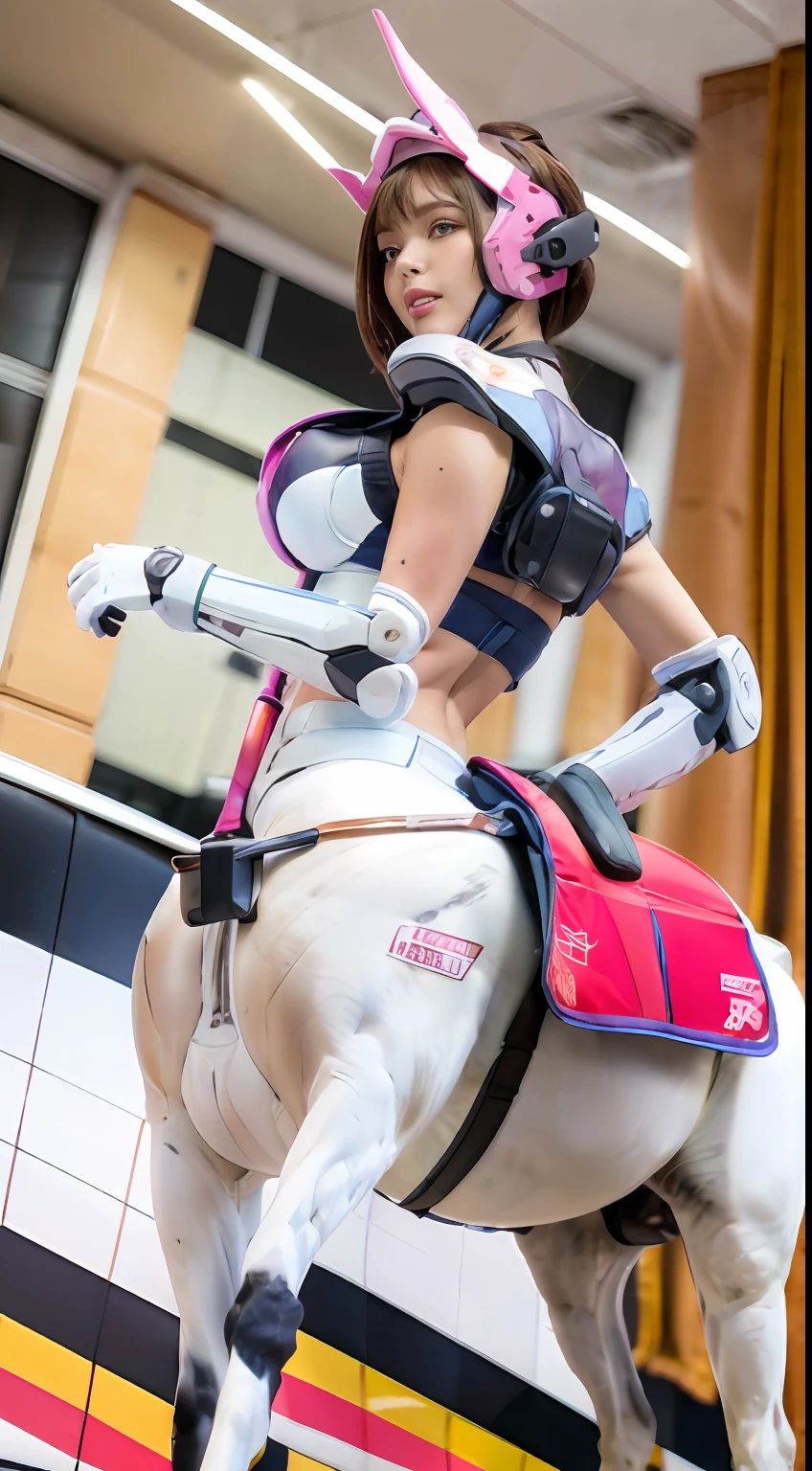 A female centaur,She is famous in the multiverse,She is both a female centaur, half human, half horse, half horse,It is also a female Yingzhao。She blends both images,The first is the head of a horse/neck/Shoulder these parts,After feminization,The upper body transforms into a beautiful female human,Female, half-centaur, half-human, half-horse, half-human,The second is the waist of the horse/hason/gluteal/Legs feminine,Female half-horse with beautiful woman's,Chimer,It's like a female human wearing a half-horse-like costume and making a seamless chimera,This chimerization is based on powerful futuristic technology。The ultra-wide-angle lens captures the image of her beautiful and ethereal wings on the ionosphere launching a super-high-speed charge and leaping。Her front half is distinctly feminine,Tall sexy body,Has K cup teardrop-shaped giant tit chest,It has a small man's waist butterfly spanning long legs,The half-horse part of the hind body,Embedded interface at the hip position。The horse-shaped, half-horse torso form of her back body is completely female and humanized。The chest cavity of a woman in the shape of a bent dog style embedded in the lower back position of the beautiful woman's body starting from the upper part of the sternum/lower back/Ventral transverse。Then there are the sexy beauty's upright hips,Her entire body has been completely feminized,Including the half-horse part。Mechanized armor covers the legs with knee-shaped anti-joints and feet,And these parts are highly anthropomorphic,This makes her legs graceful and slender,Her four horse legs exploded in length proportions and was slender and toned,Under the legs are skinny white feet dressed in Skyscraper Heels,Use Midjourney's advanced stroke tools and color palettes, as well as texture packs, model packs, and texture tools,Concentration,Include all parts of her original horse physiology including fur/Waist and abdomen/Hip legs/Leg Capital Feminization,And give these parts a corresponding ergonomic