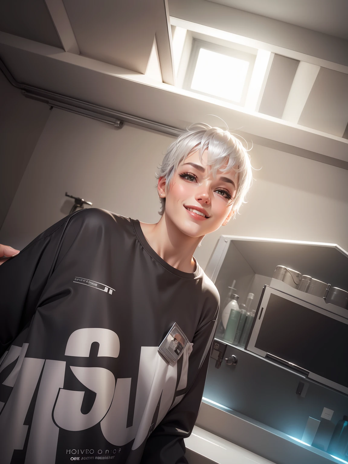 short hair, silver hair, light smile, high detail, drop shadow, highres