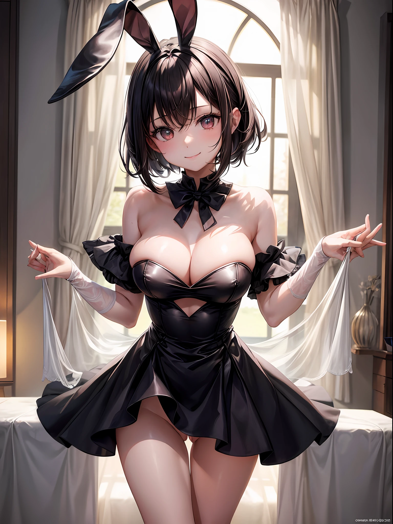 top-quality、1girl,A dark-haired、Shorthair、odd eye、a smile、light skinned、Small face、Rabbit ears:1.2、bunnygirl:1.3、huge tits,Dressing up to bite、flank:1.1、skinny legs、darkened room、dim lighting、Standing position、Angle from diagonally above、masterpiece、NSFW