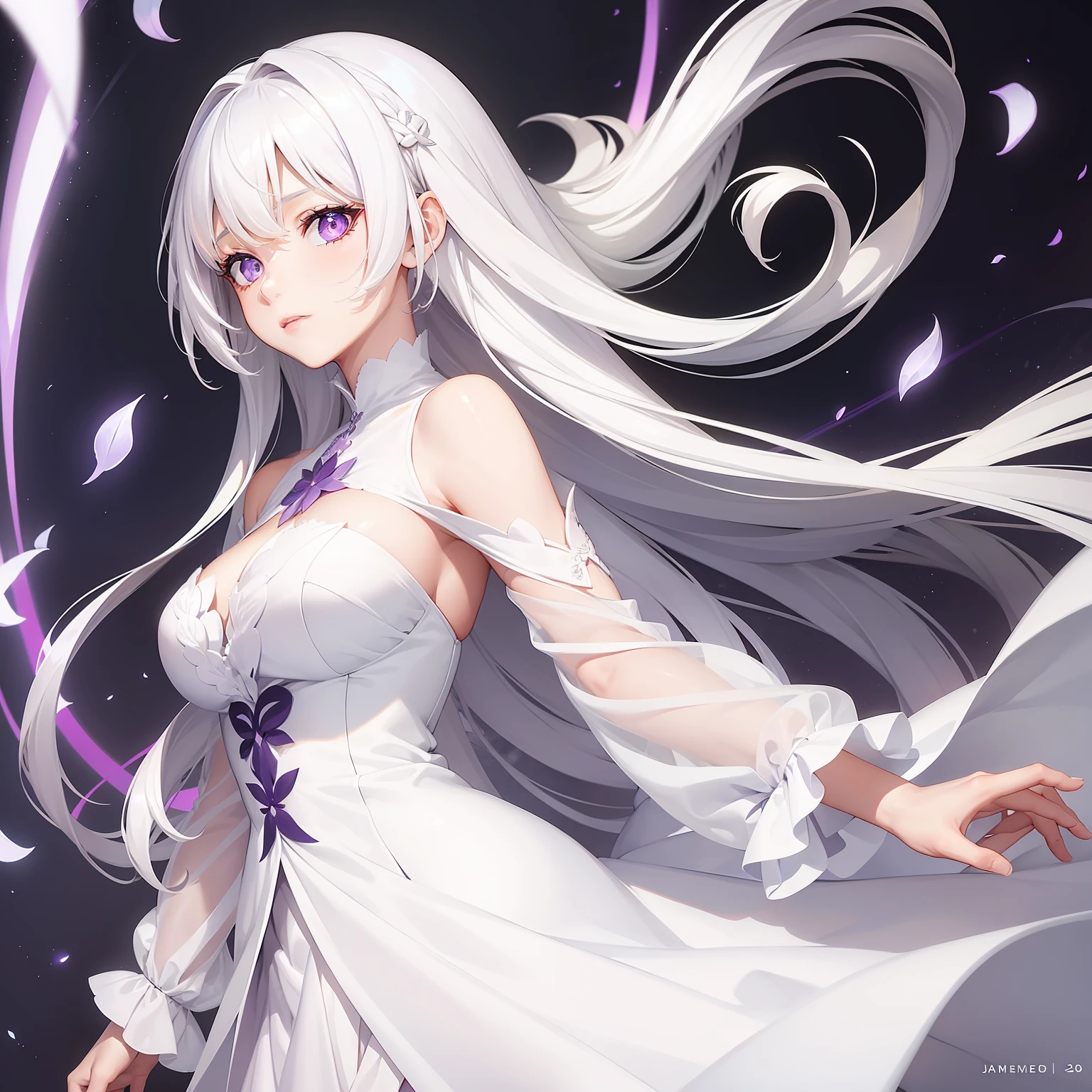 a women, white hair, purple eyes, white dress